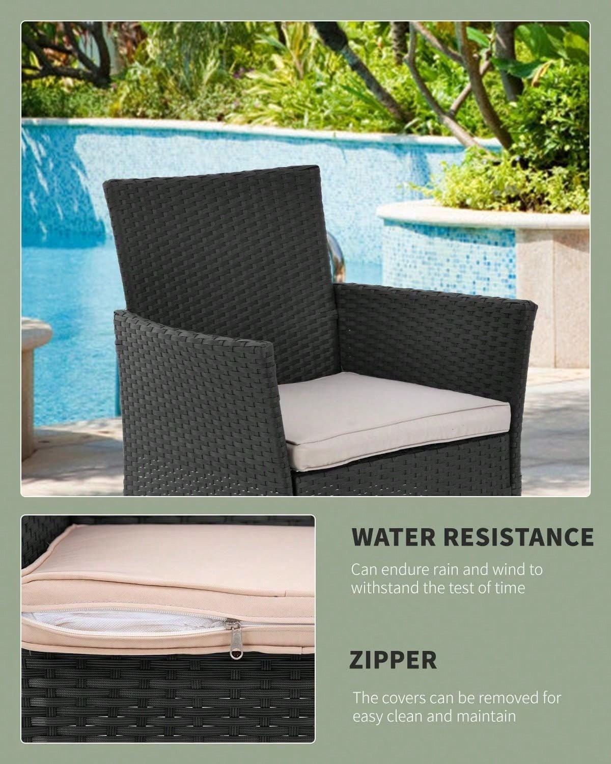 3 Piece Patio Bistro Set Wicker Rattan Outdoor Furniture Black For Backyard