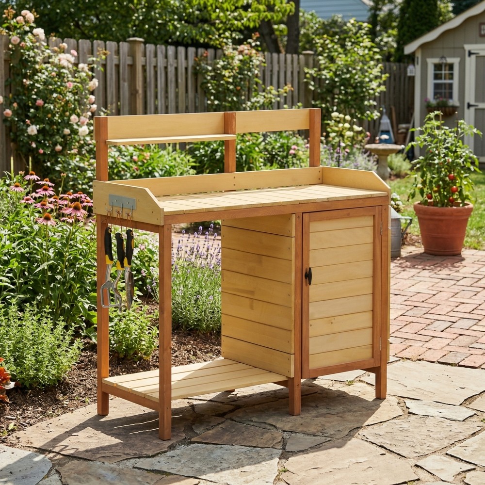 Outdoor Wooden Potting Bench with Sink Storage Workstation for Garden Patio Lawn
