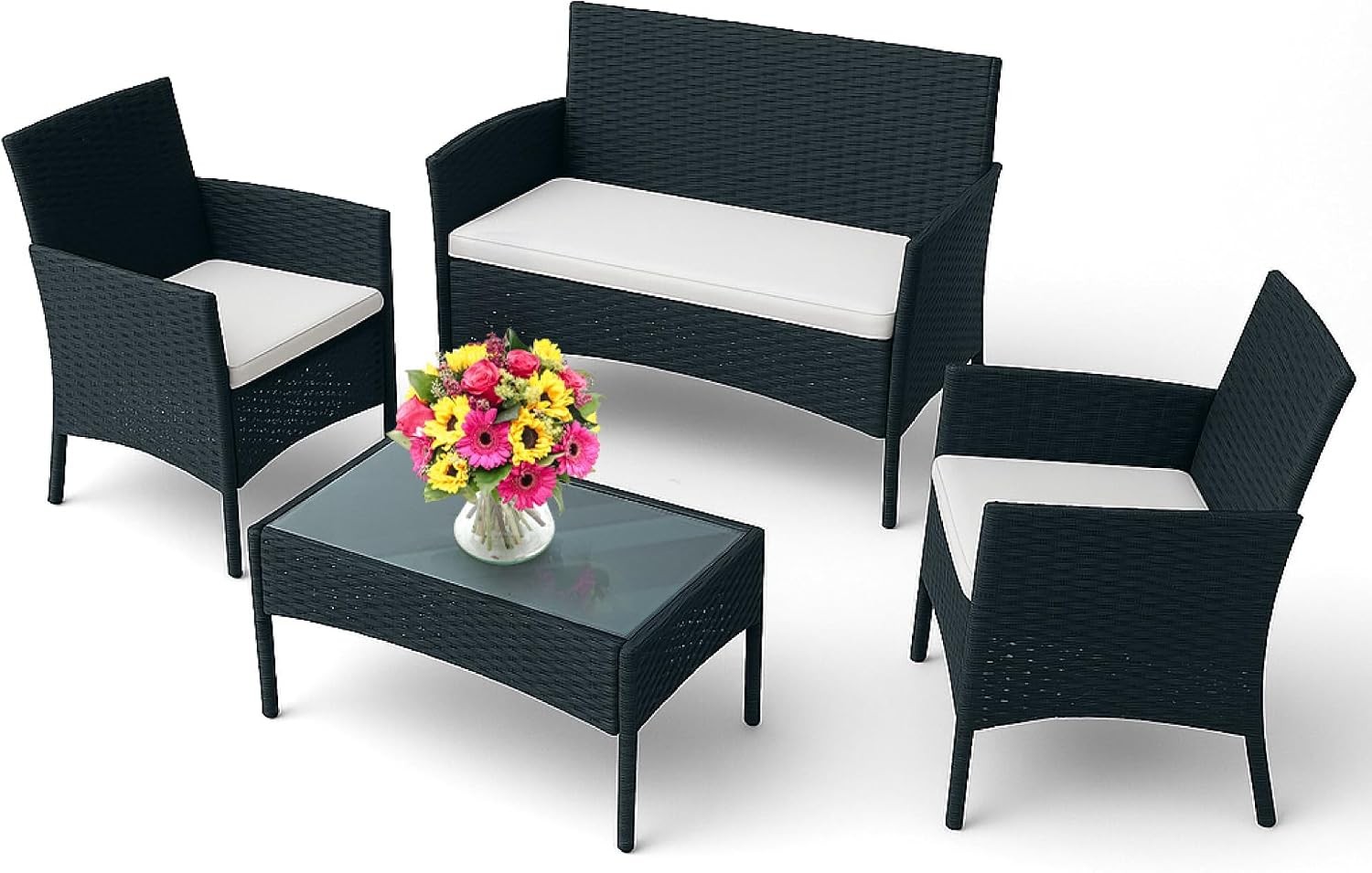 4-Piece Outdoor Patio Furniture Set Patio Set W/ 2 Rattan Chairs 1 Loveseat & 1