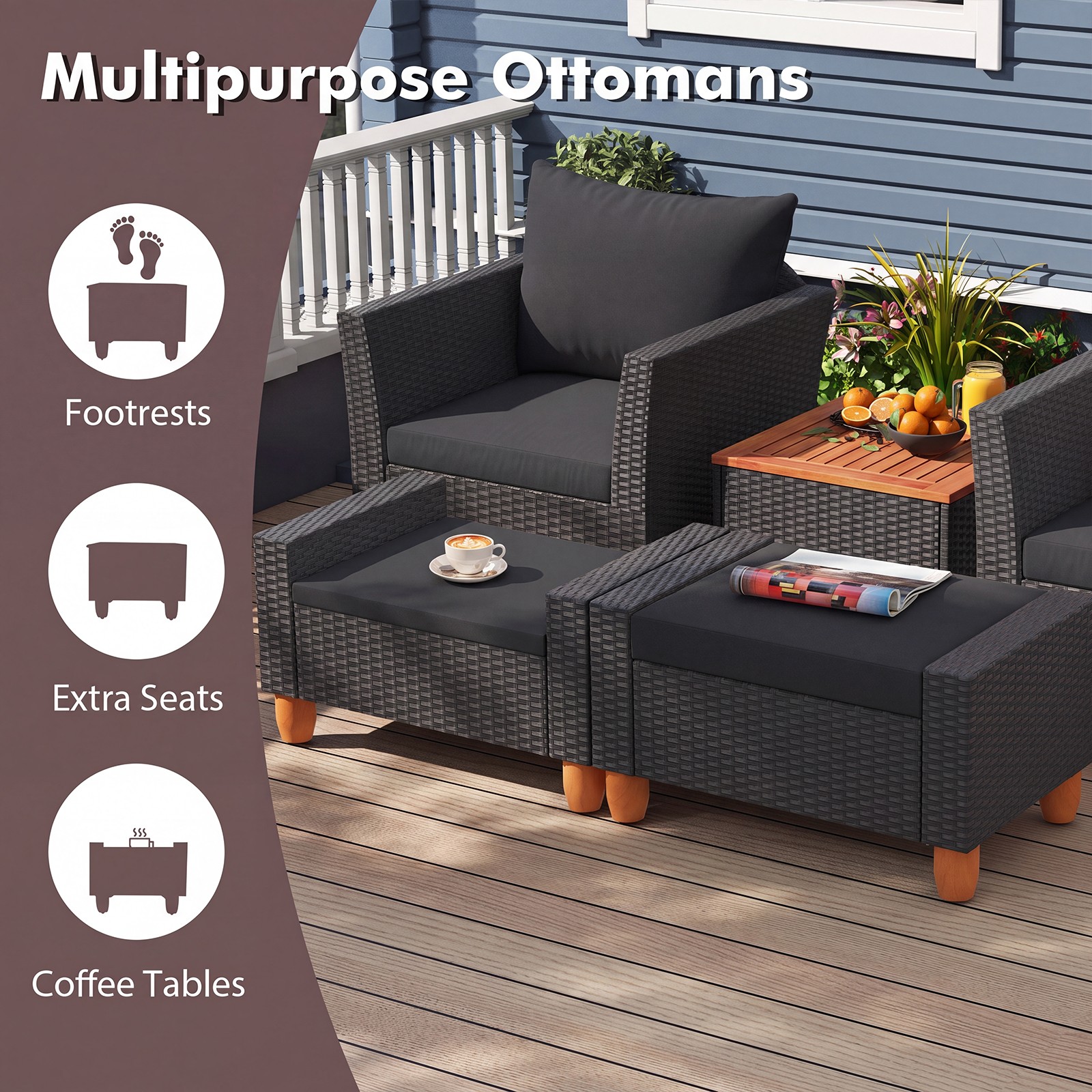 5 PCS Patio Furniture Set w/ Storage Table Ottomans Soft Pillows and Cushions
