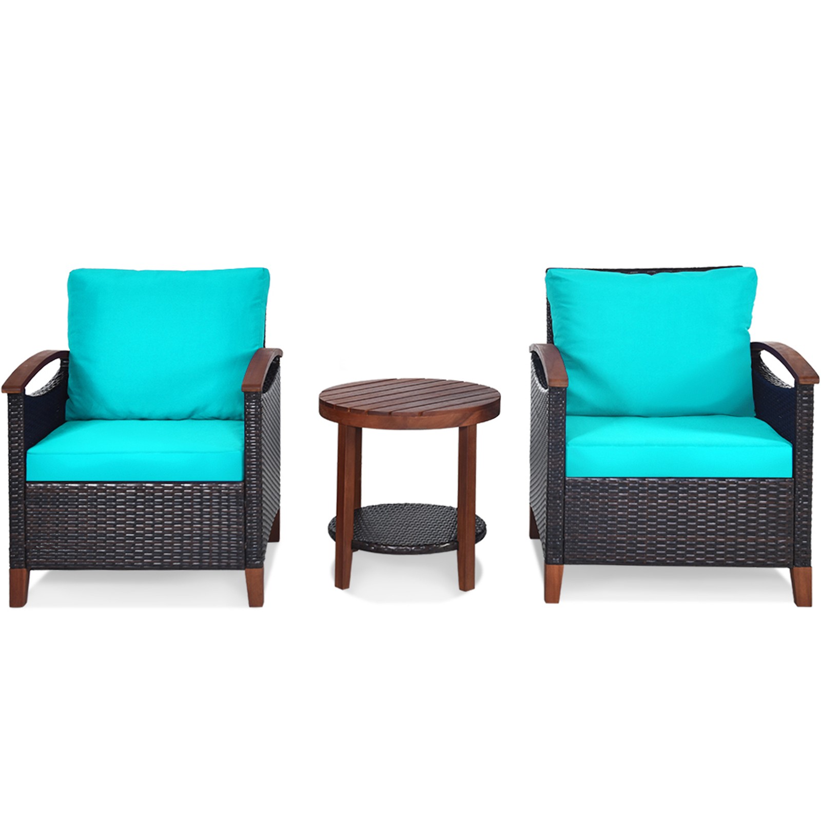 3PCS Patio Wicker Rattan Conversation Set Outdoor Furniture Set w/ Turquoise