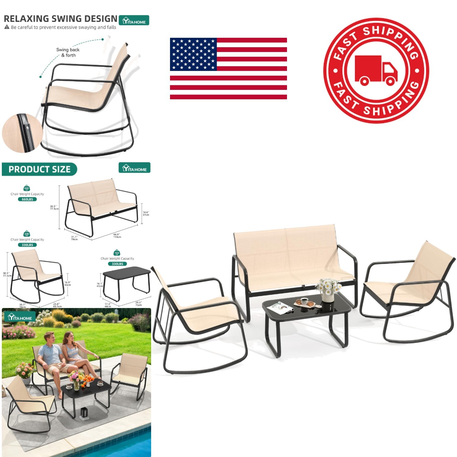 4 Piece Outdoor Patio Furniture Set with Rocking Chairs and Glass Table Brown