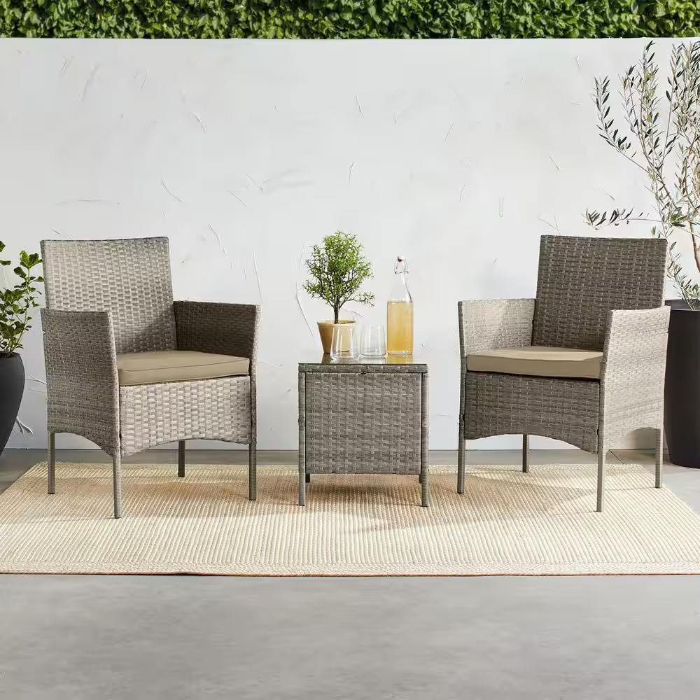 3-Piece Outdoor Wicker Conversation Patio Outdoor Bistro Set, with 2 Chairs, Tab