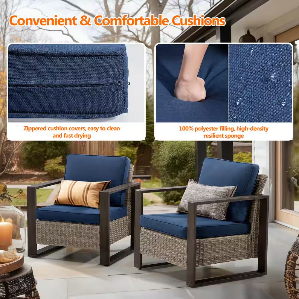 2-Piece Patio Wicker Outdoor Lounge Chair with Metal Frame and Dark Blue Cushion