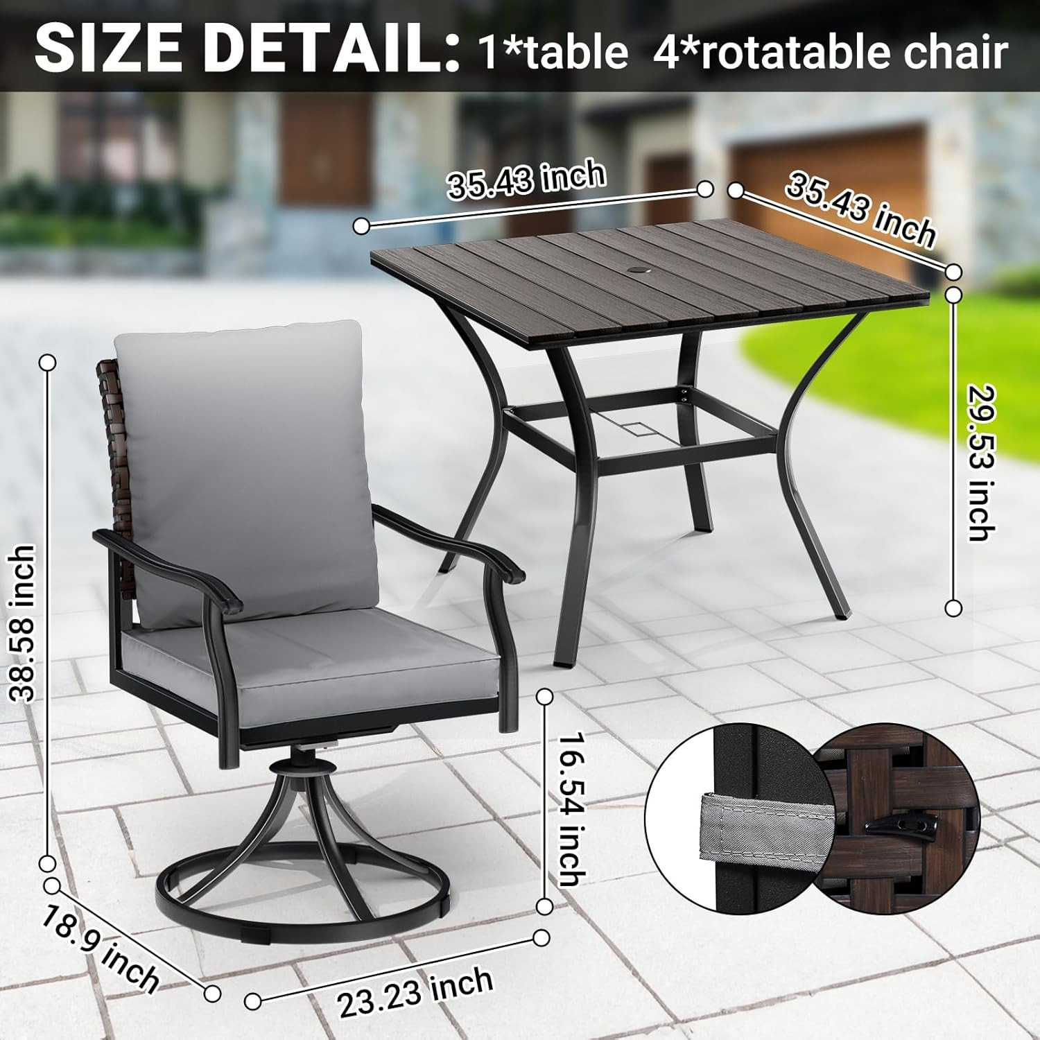 LEVELEVE 5 Piece Outdoor Patio Dining Set with 4 Swivel Dining Chairs & 1 Large