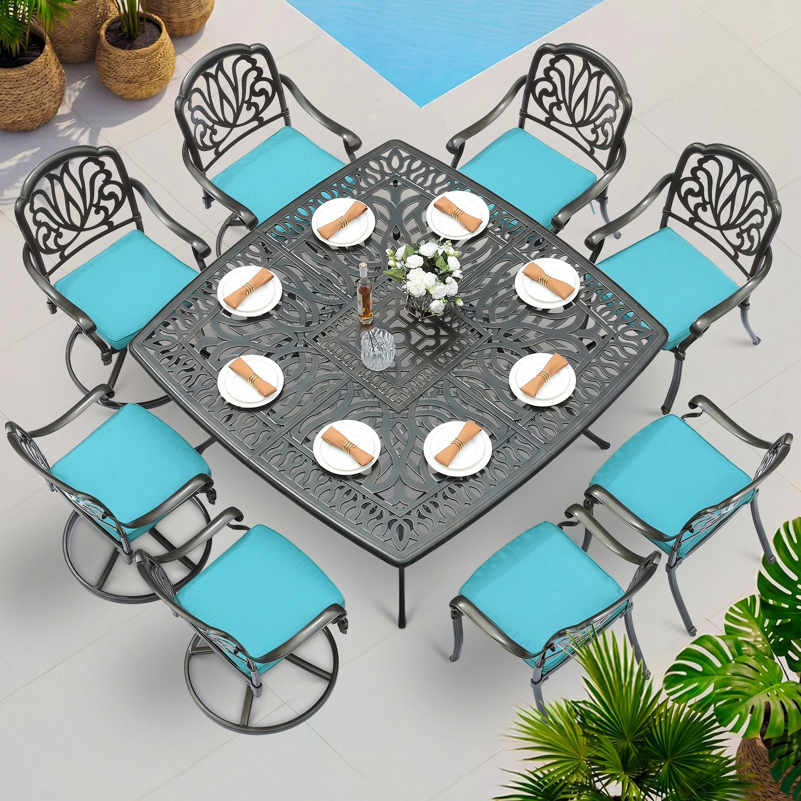 Outdoor Dining Set, Patio 64″ Square Table and 4 Swivel Chairs, 4 Dining Chairs