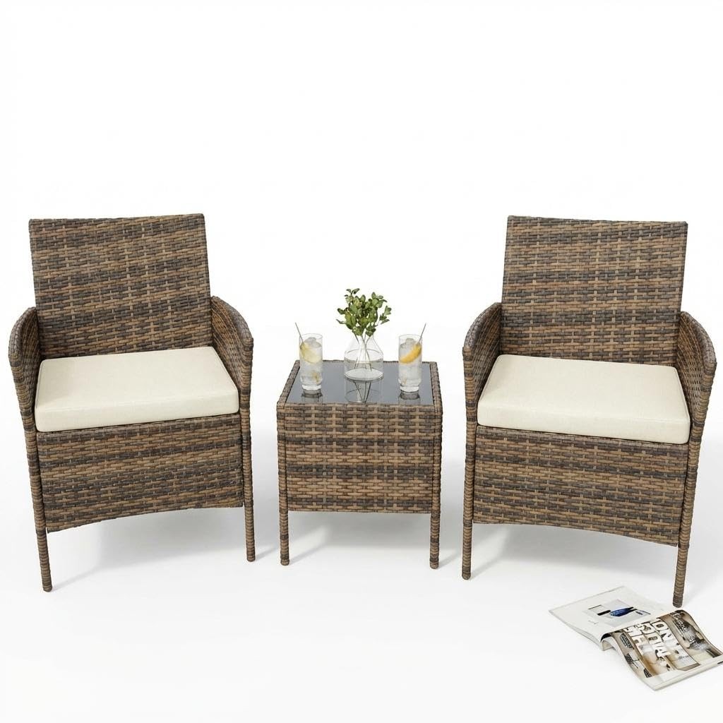 3PC Rattan Outdoor Furniture Set w/ Chairs & Coffee Table Modern Outdoor Seating