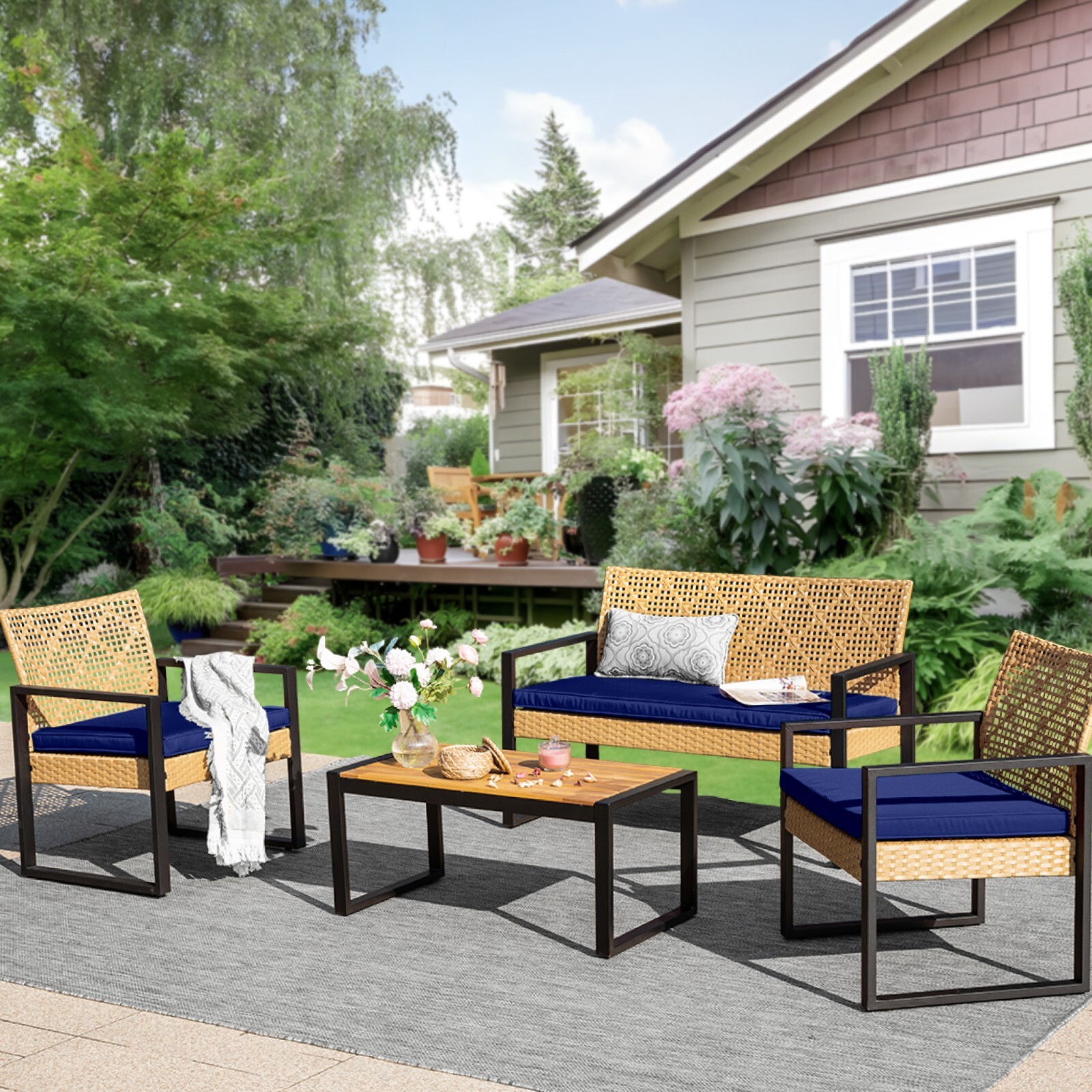 Rattan Furniture Outdoor Conversation Set Wicker Patio Furniture Set w/Cushion