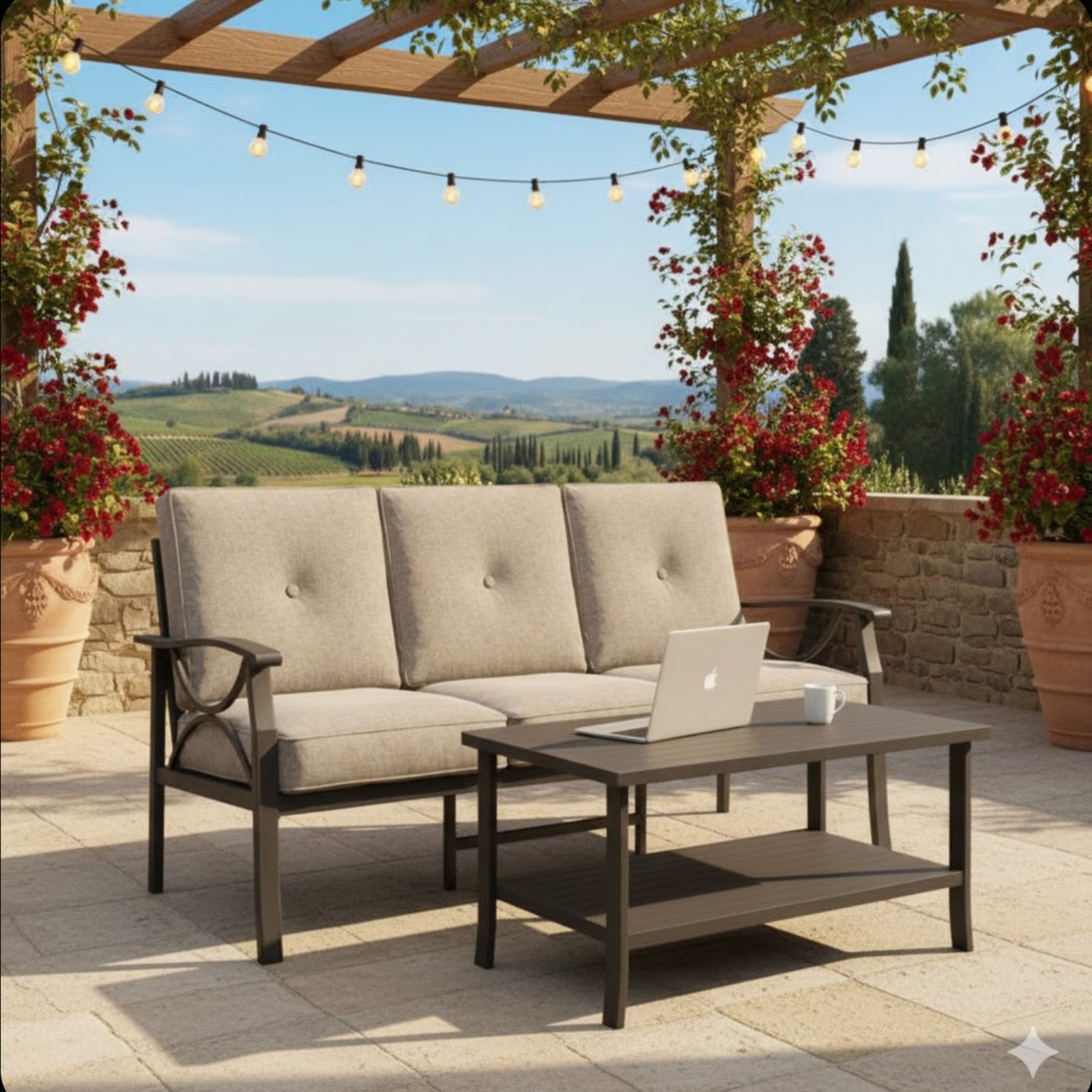 Outdoor Patio Set 70″ 3-Seat Sofa & Coffee Table with Cushions