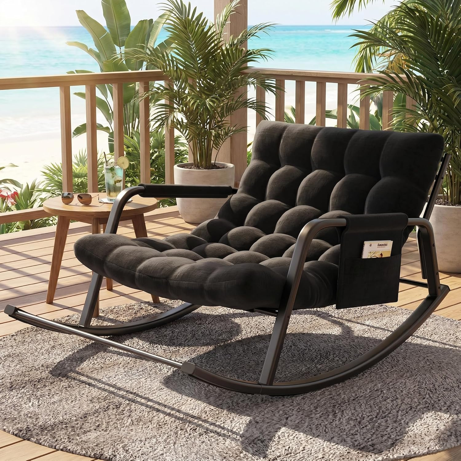 Double Papasan Rocking Chair with Cushion, Patio Loveseat Rocker | Black, Thick