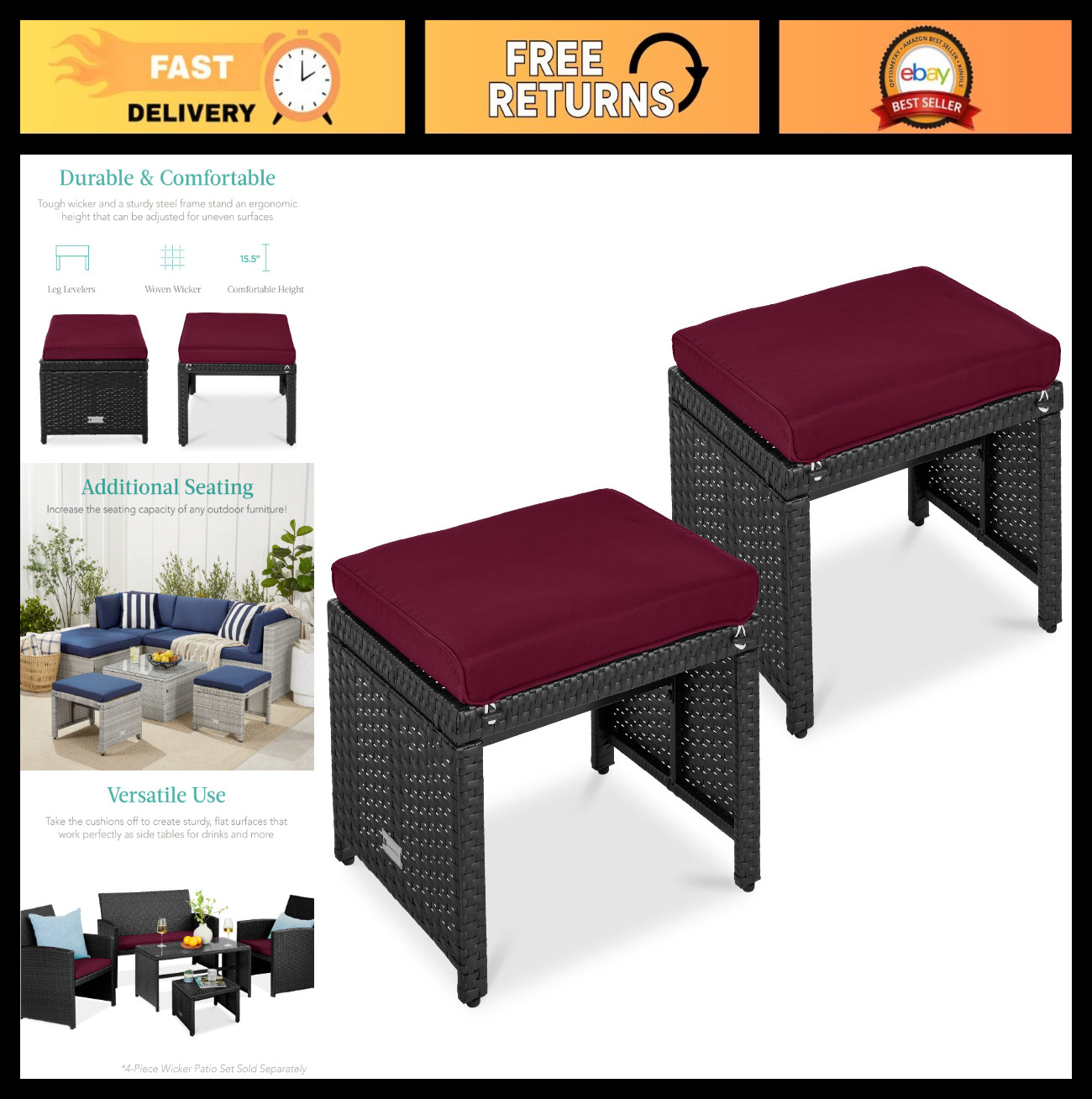 Set of 2 Wicker Ottomans – Multipurpose Outdoor Furniture for Patio, Footrest, S