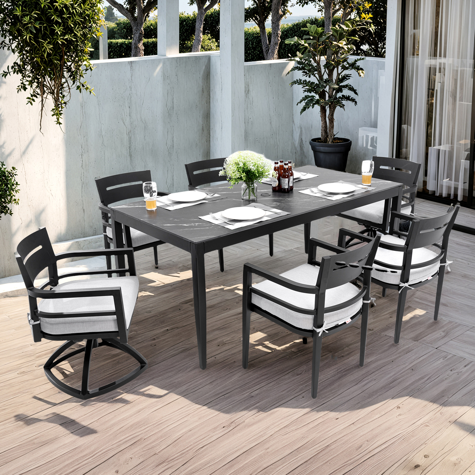 7 Pieces Patio Dining Set 71″ Table Sintered Stone Top 4 Chairs 2 Swivel Rockers