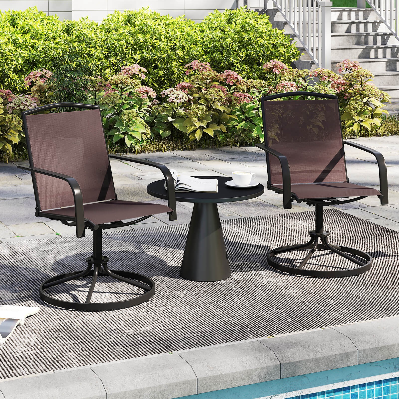 Patio Swivel Chairs 2PCS w/ High Back & Round Metal Base for Backyard