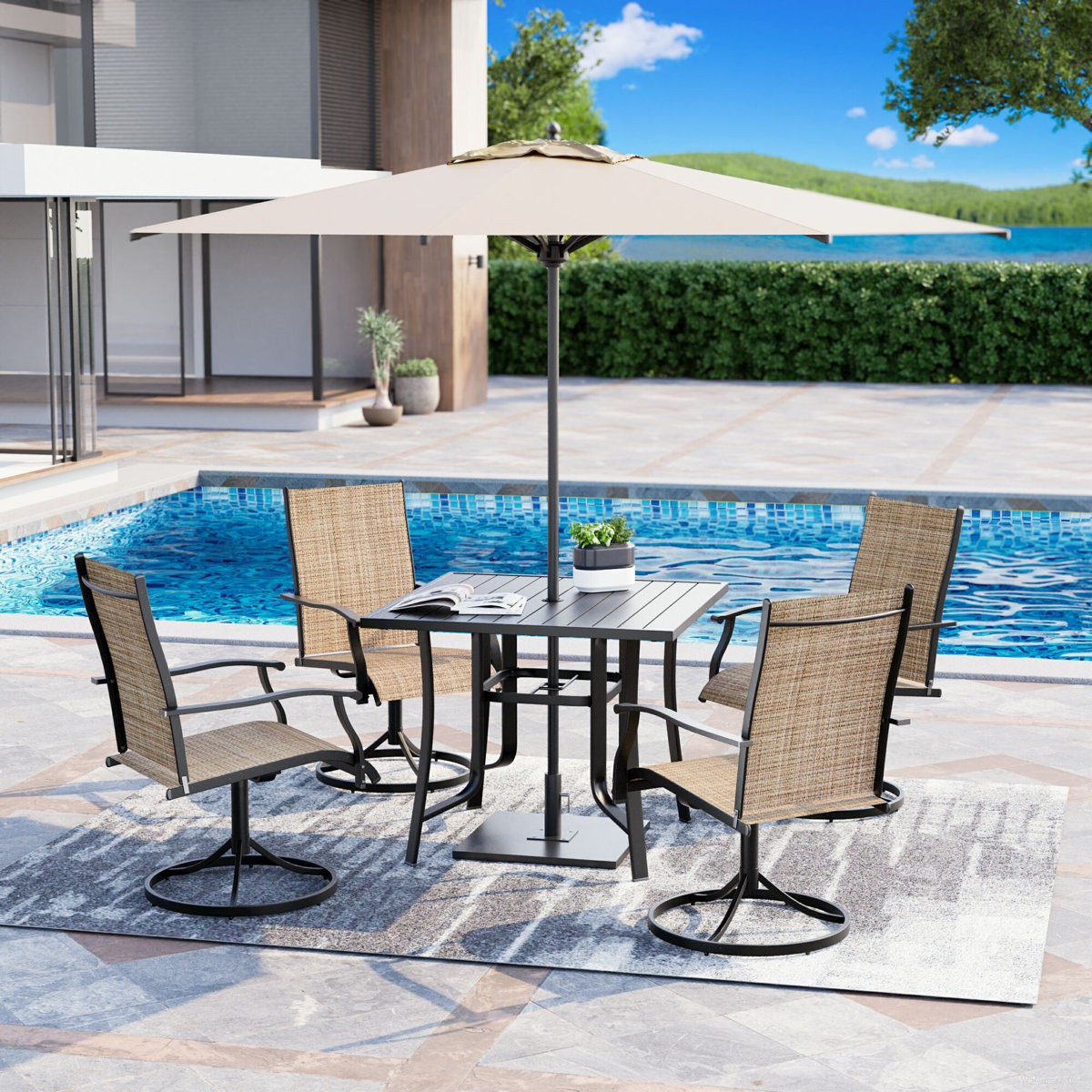5 Piece Patio Dining Set,4 Swivel Chairs, 1 Iron Square Table