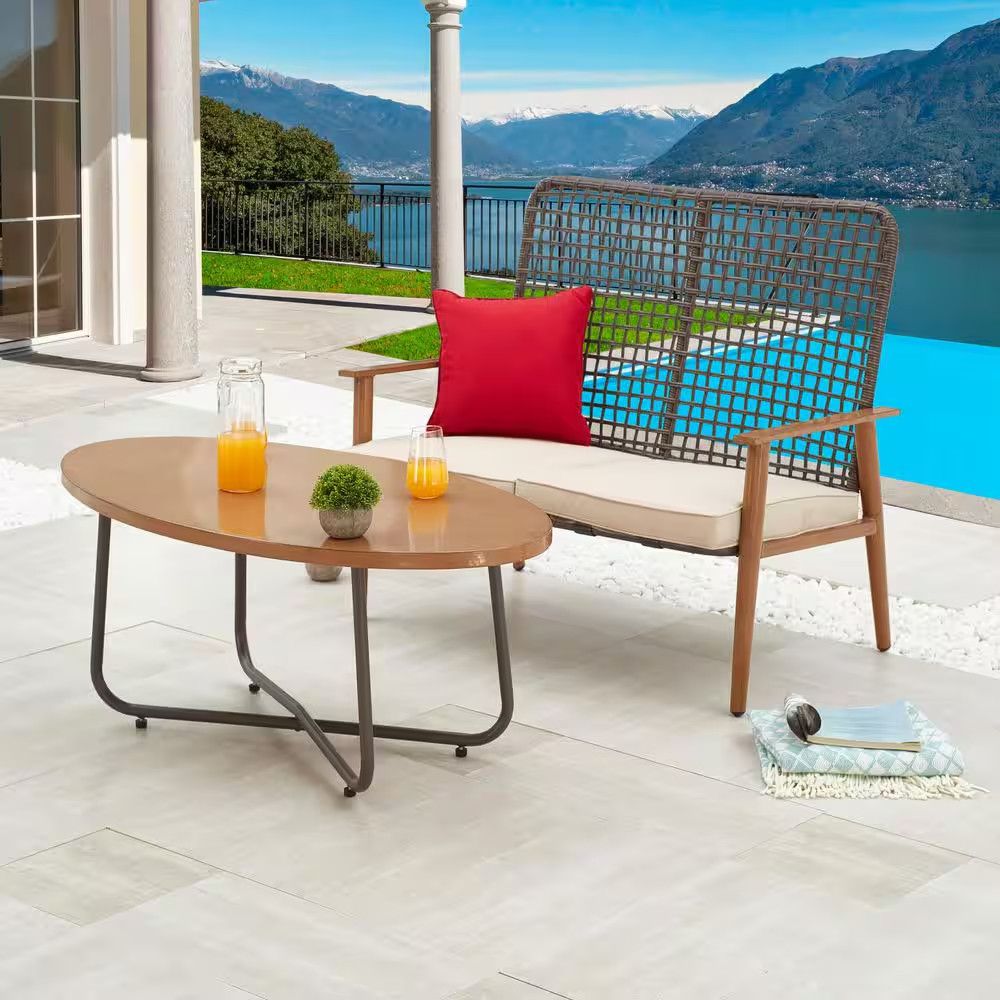 2-Piece PE Wicker Patio Conversation Set with Beige Cushions and Oval Coffee Tab