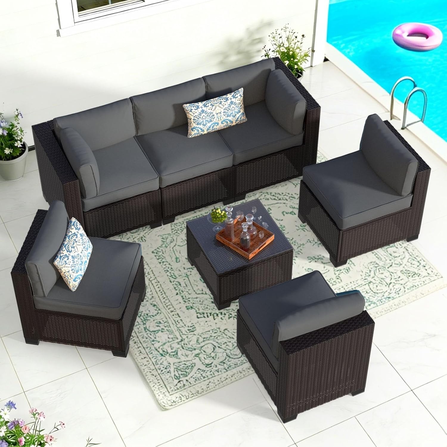 7 Piece Patio Furniture Set, Wicker Patio Conversation Sets, Outdoor Sectional
