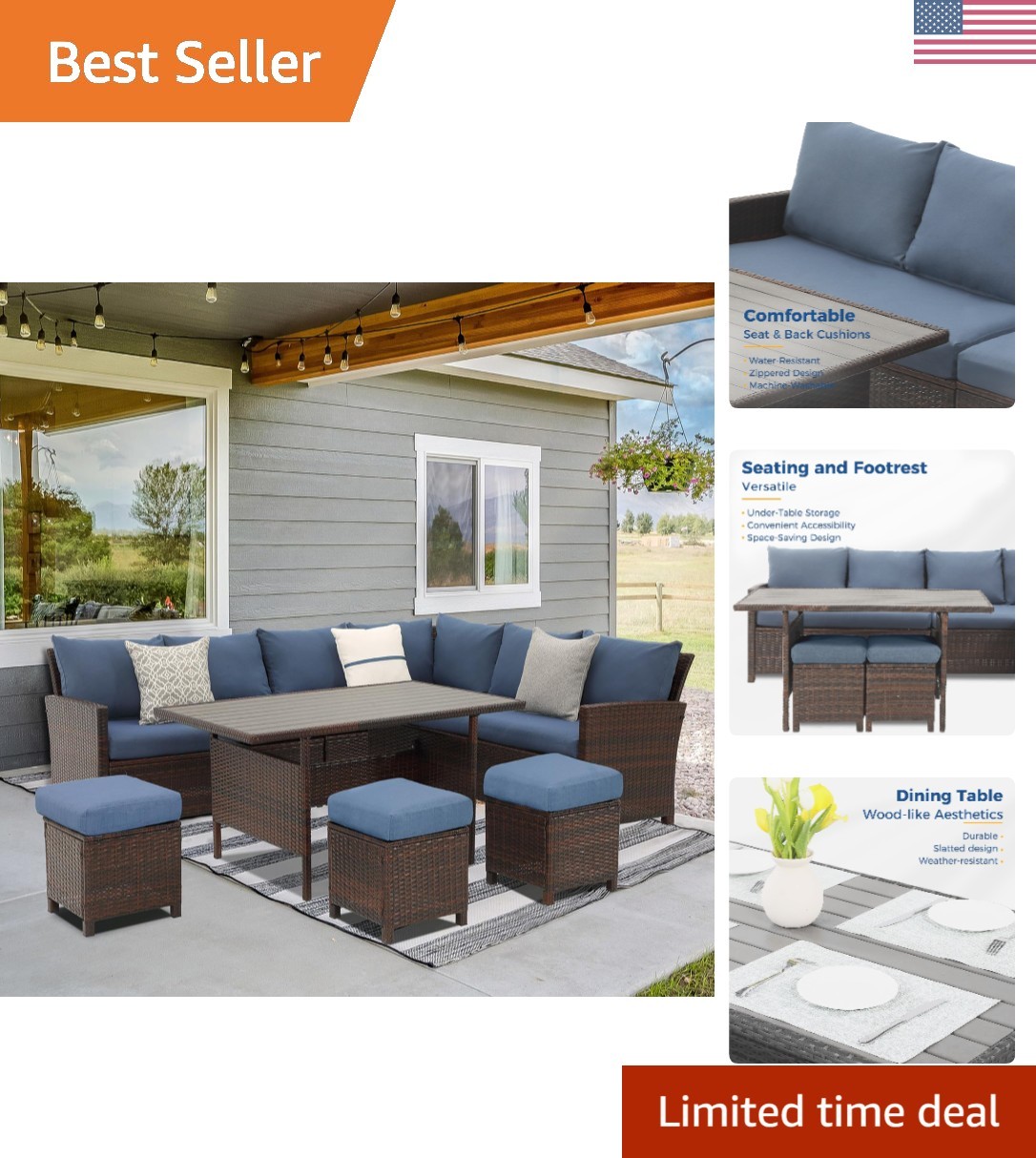 Blue All-Weather Wicker Outdoor Set with Cushions – 7-Piece Dining Experience