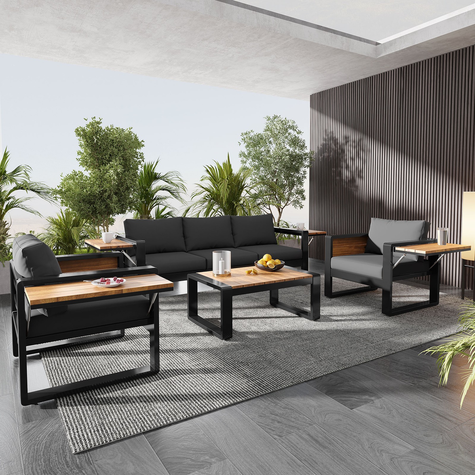 4-Piece Outdoor Patio Furniture Set, 3-Seater Sofa & 2 Armchairs, Grey