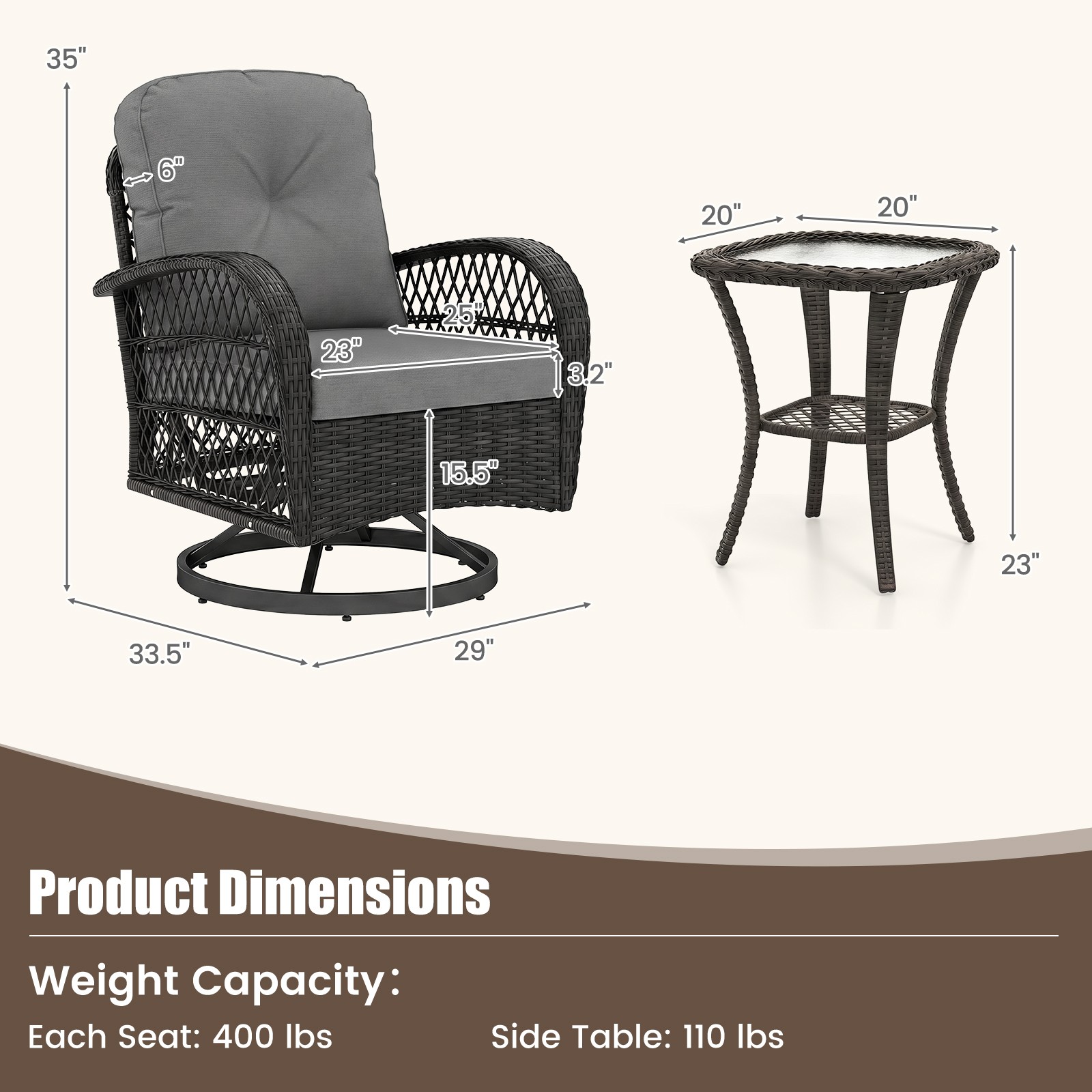 3PCS Patio Swivel Rocker Set Gliding Bistro Furniture Set with Tempered Glass