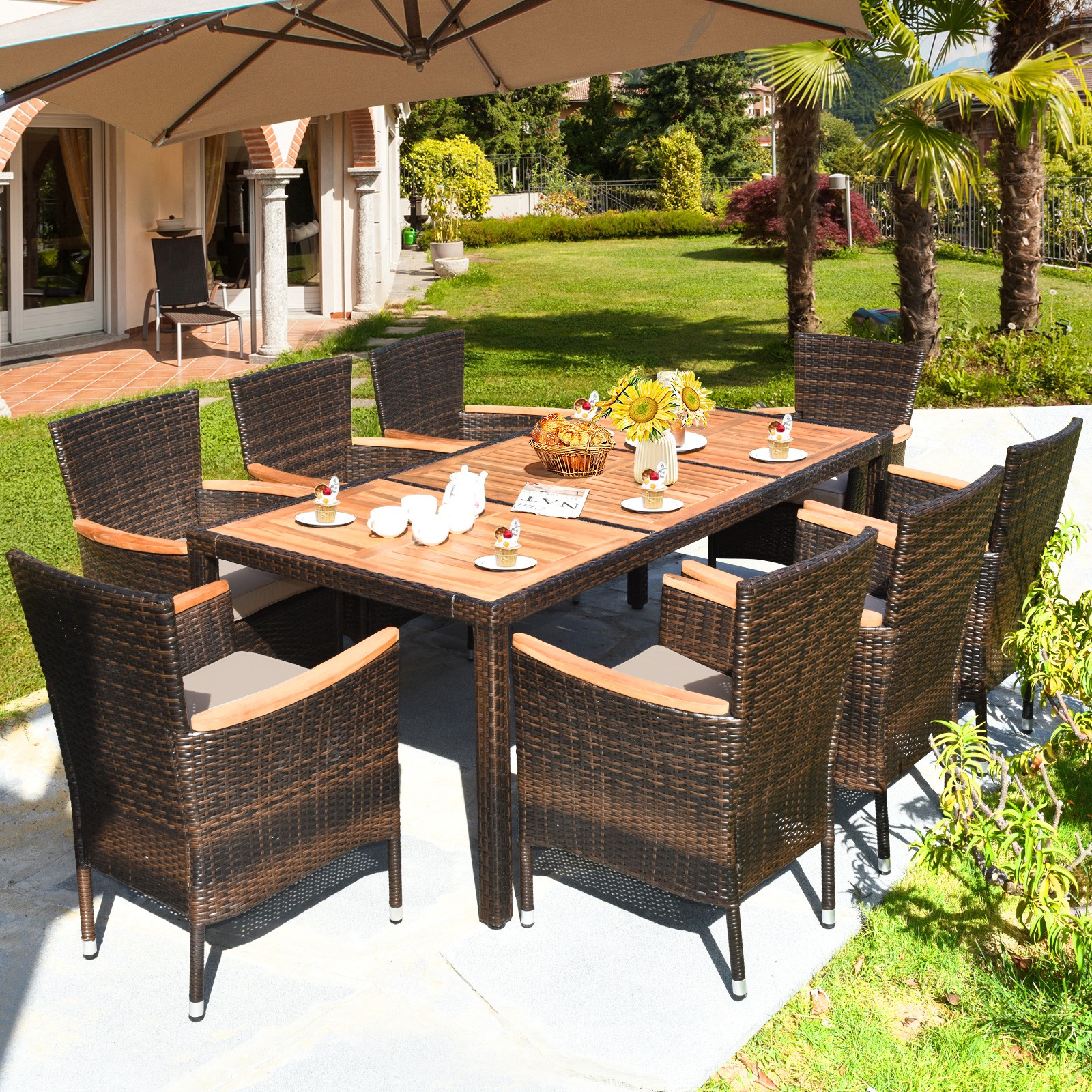 9PCS Patio Rattan Dining Set 8 Stackable Chairs Cushioned Acacia Wood Table Top
