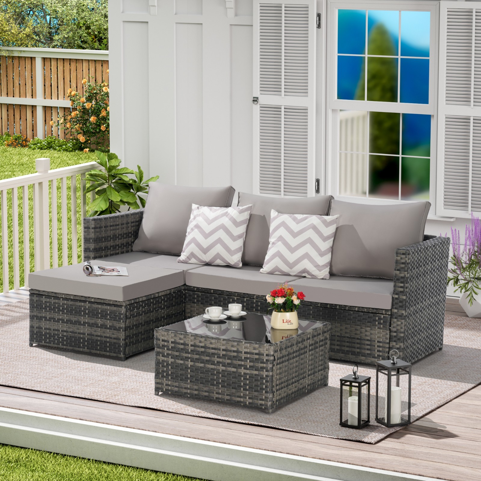 2 Pieces L- Shaped Patio Furniture Set with Ottoman, Detachable Lounger Table