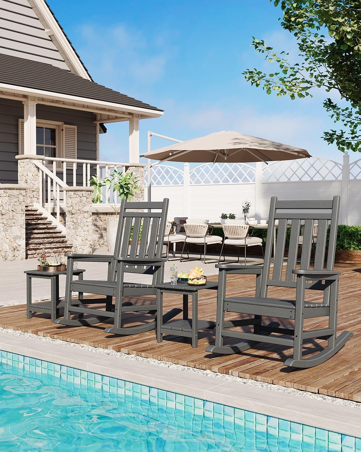 Set of 3 HDPE Rocking Chairs w/ Side Table High Back 350 lbs Patio Porch Rockers