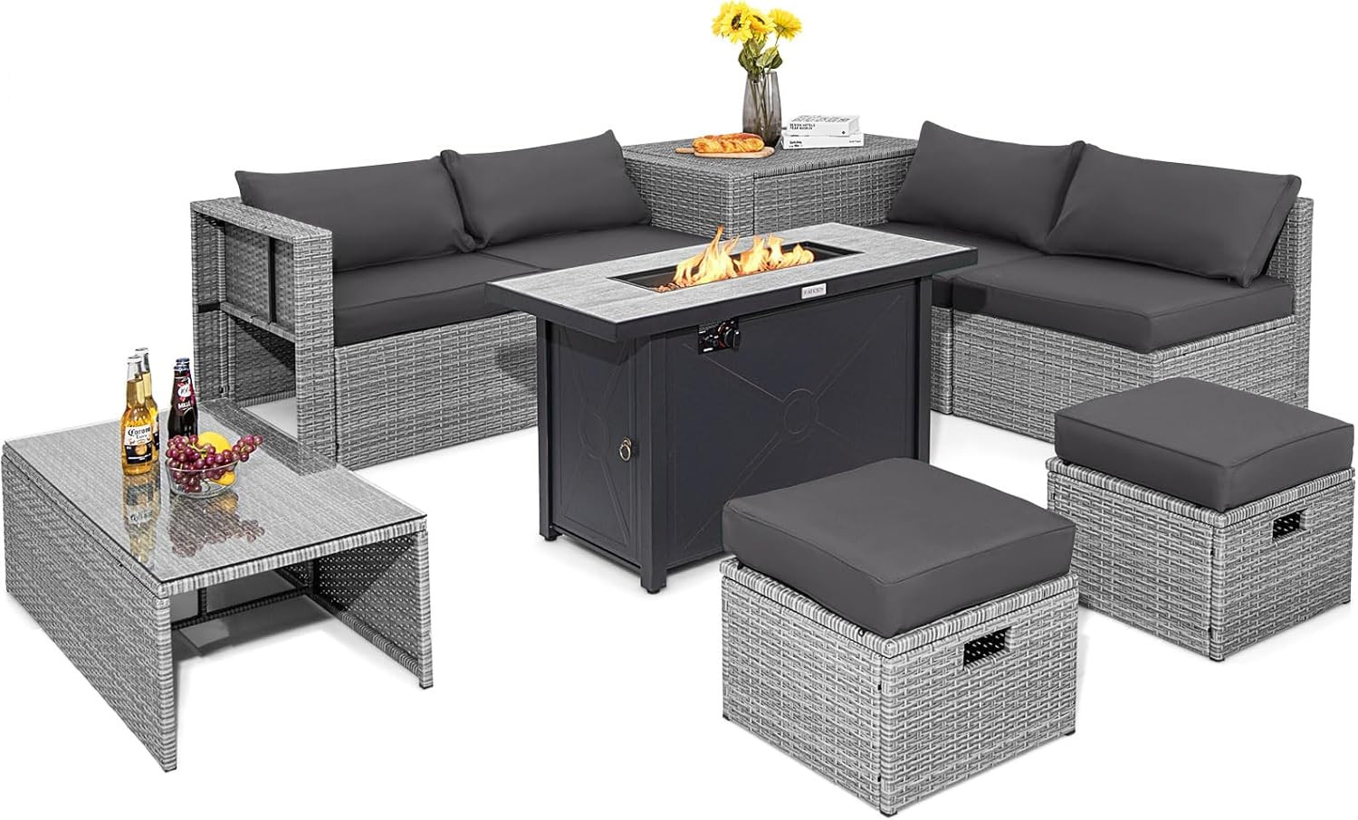 Stylish 9-Piece Gray Patio Set with 42” Fire Pit & Storage Box, Covers Included