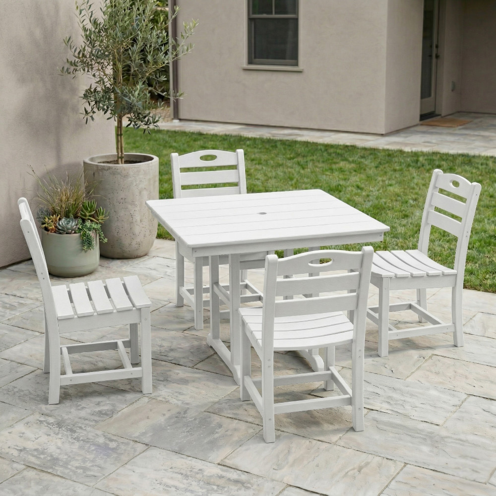 White HDPE 5-Piece Outdoor Dining Set Square Table 4 Chairs
