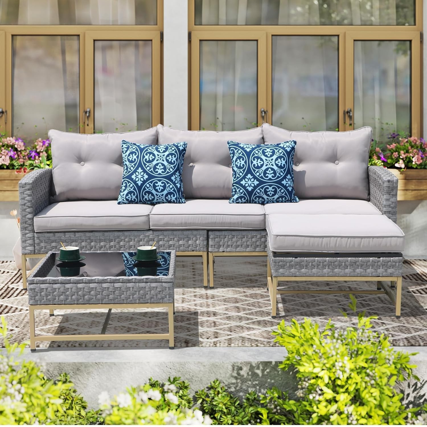 5 Piece Outdoor Patio Furniture Set 4 Seats Outdoor Sectional Sofas with Ottoman