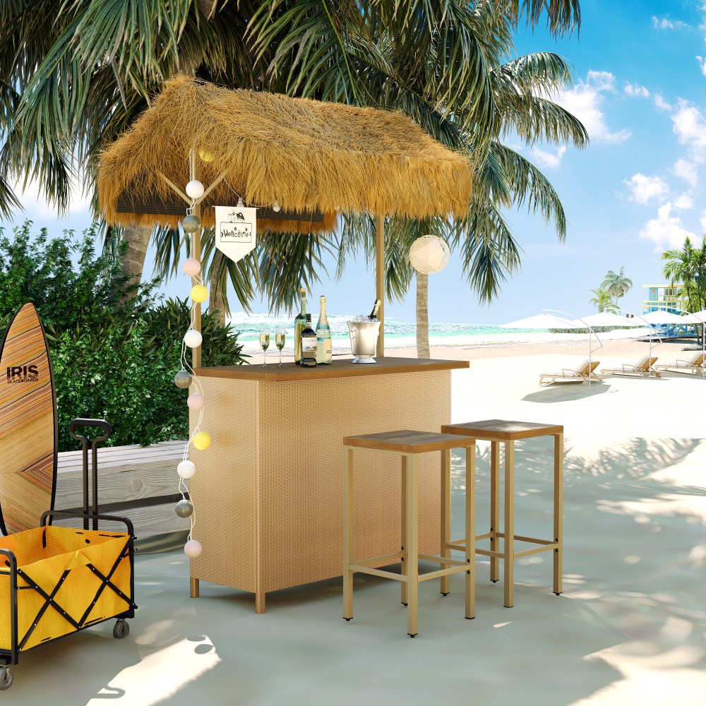 Patio Bar Set Acacia Wood Top PE Wicker Canopy 2 Seat Outdoor Table