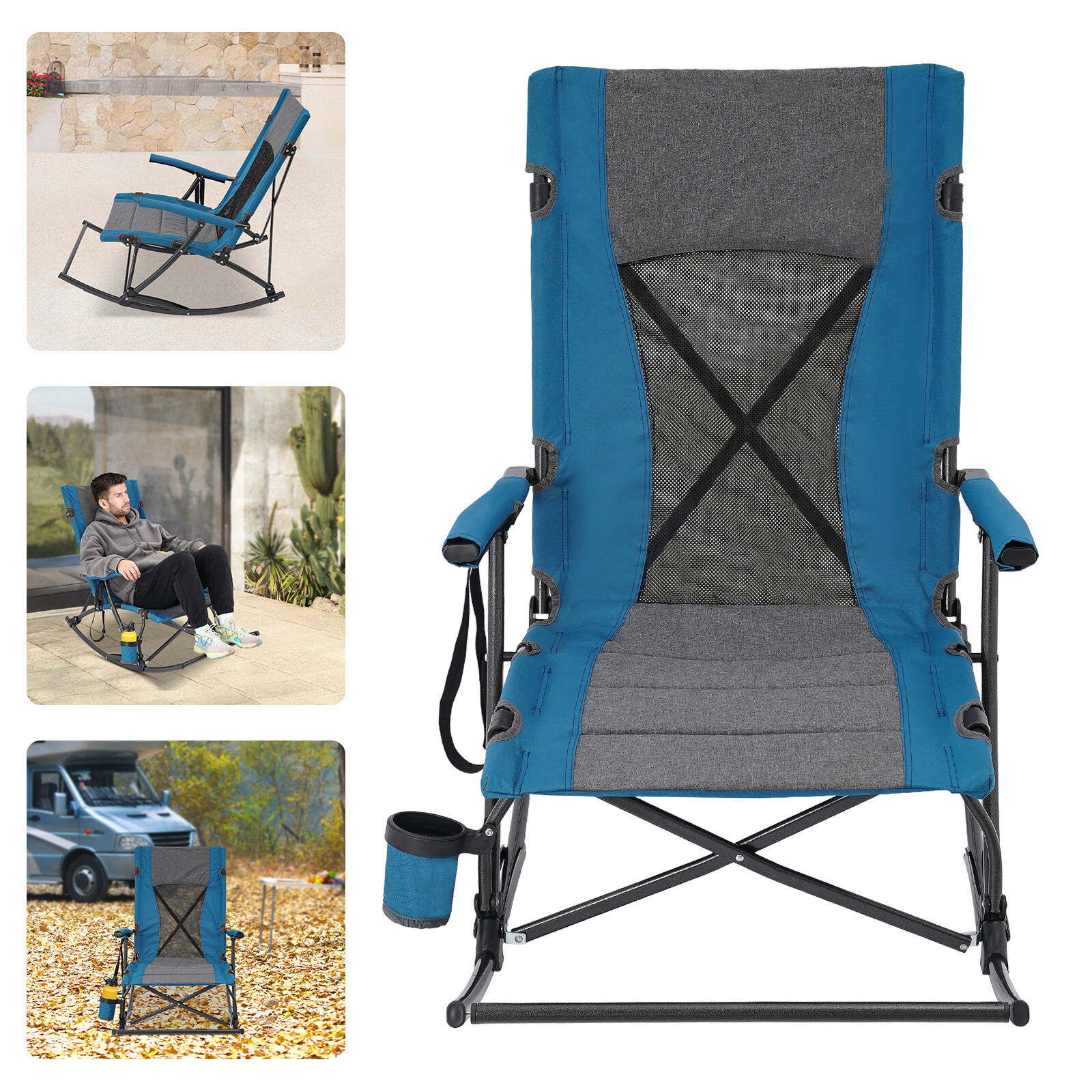 Oversized Folding Rocking Camping Chair Outdoor, Portable Chair with Cup Holder