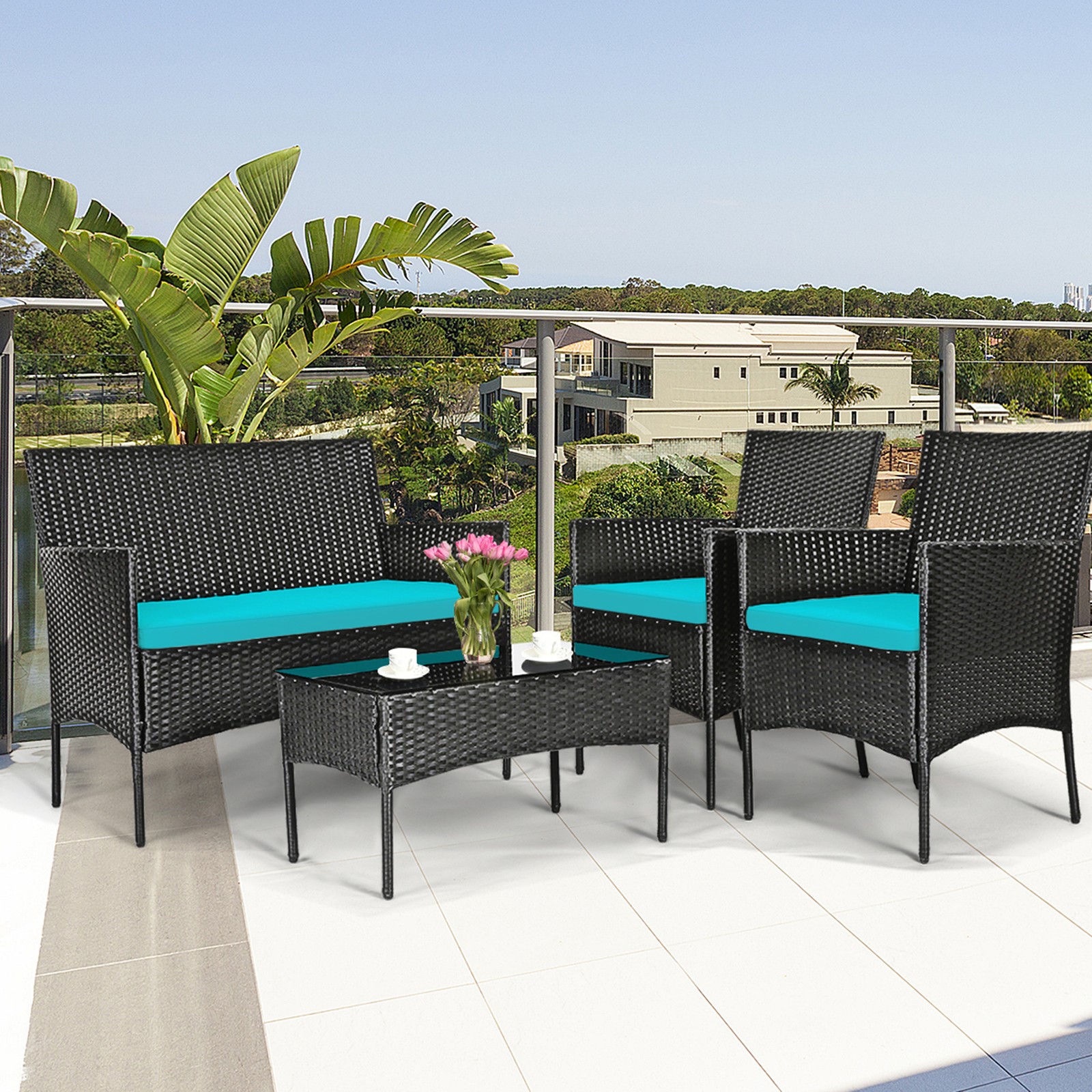 4PCS Outdoor Furniture Set Patio Rattan Conversation Set w/ Turquoise Cushion