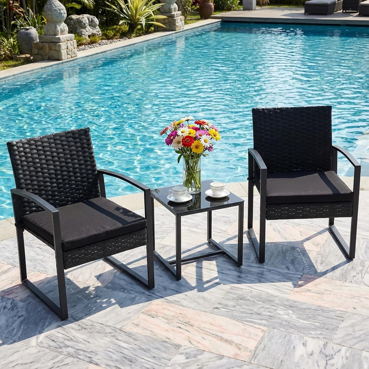 3 Pieces Patio Furniture Set, Outdoor Rattan Bistro Set W/ Coffee Table, Durable