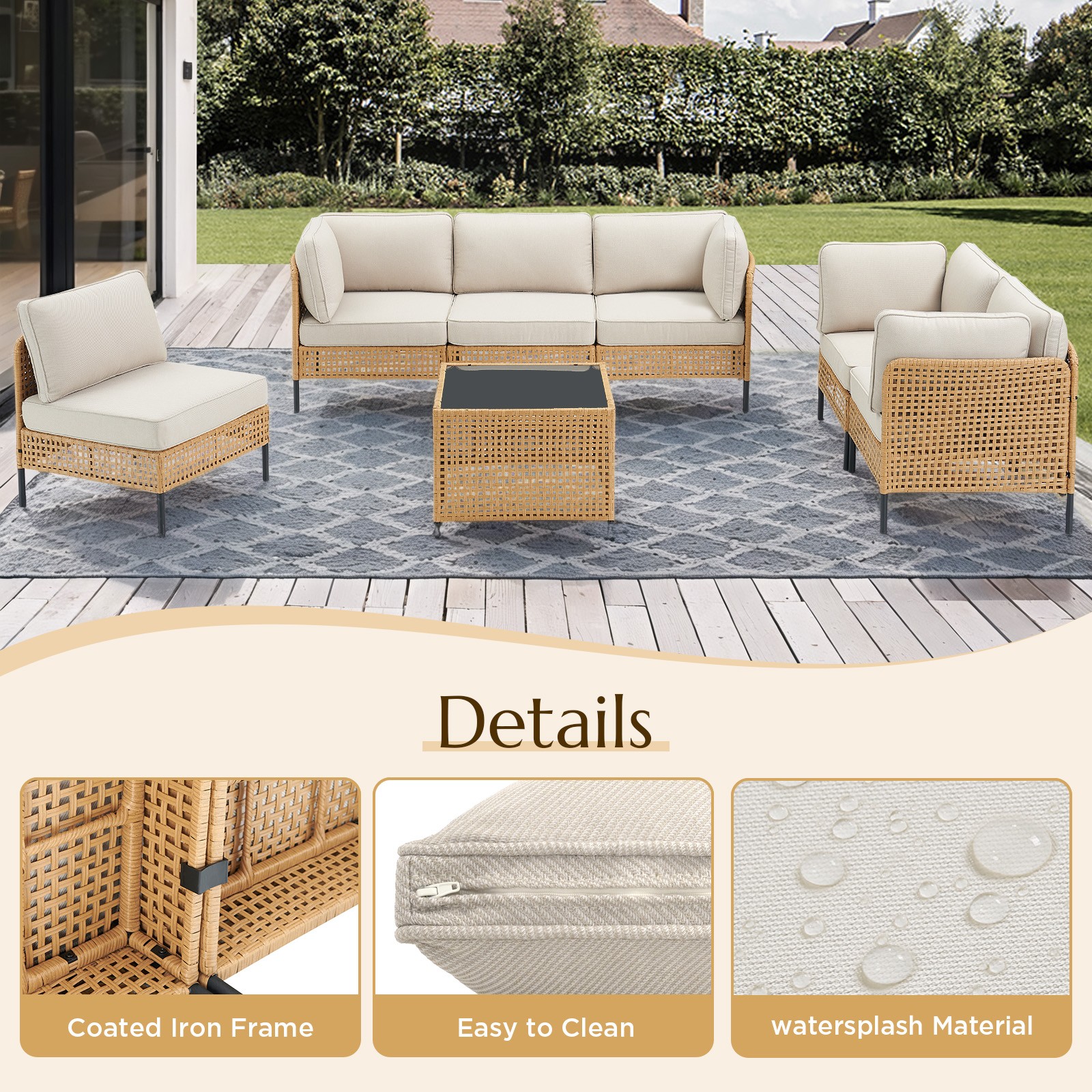 Outdoor Wicker Sectional Sofa Set with Beige Cushions