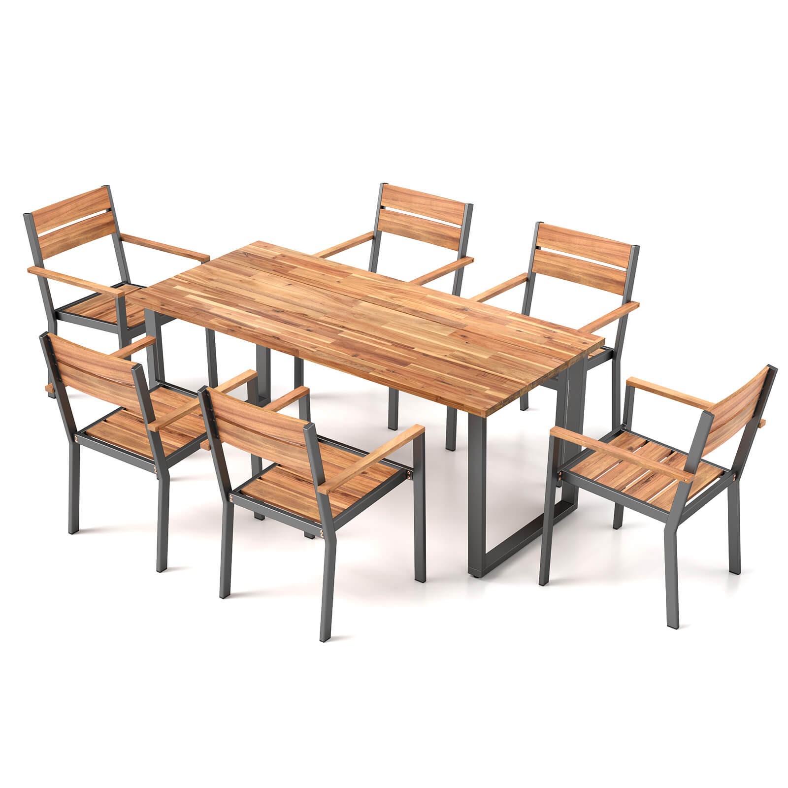 7 PCS Acacia Wood Patio Dining Set 6 Armchairs and 69” Table with 2” Umbrella