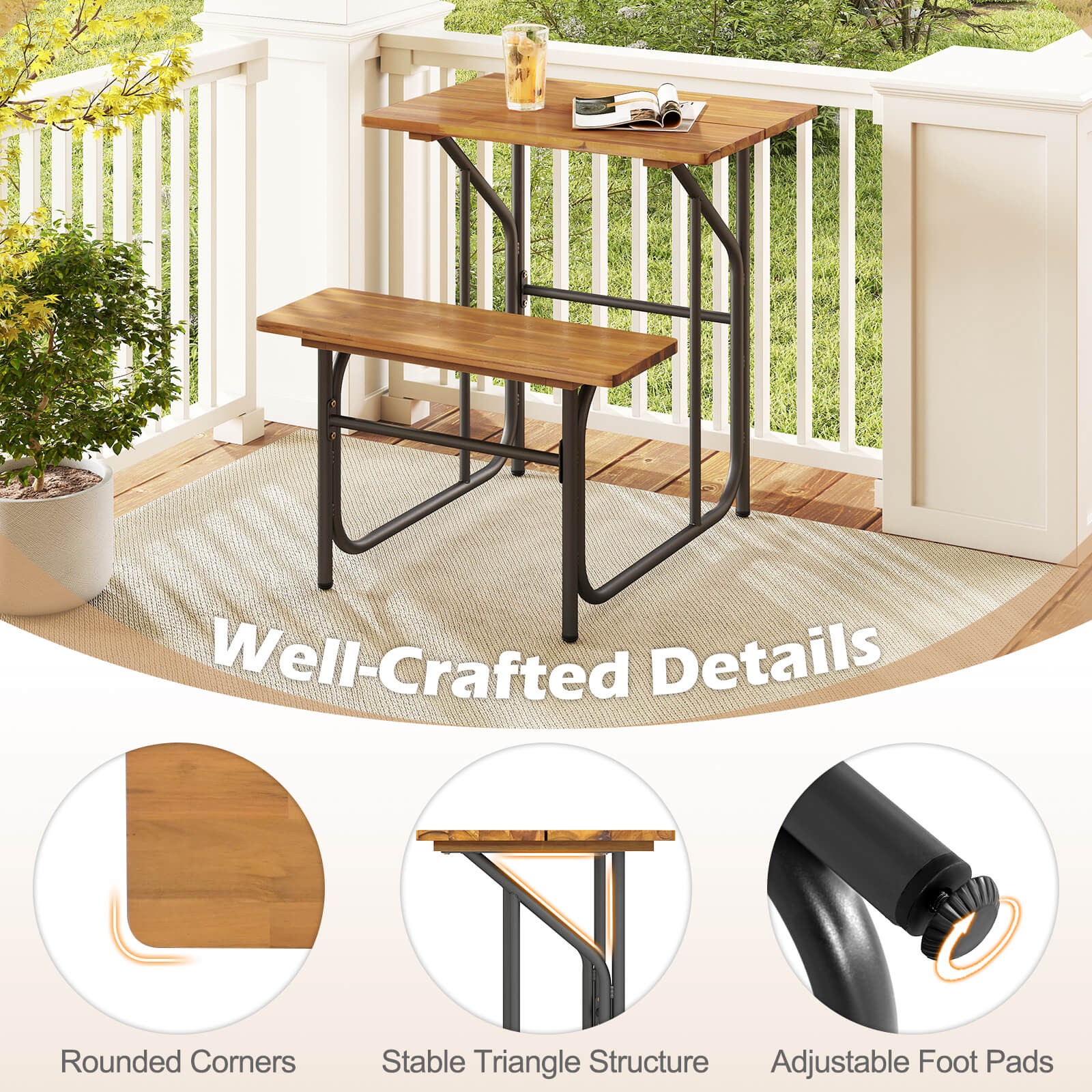 2PCS Patio Table Bench Set Picnic Table & Seat w/ Acacia Wood Top Metal Legs