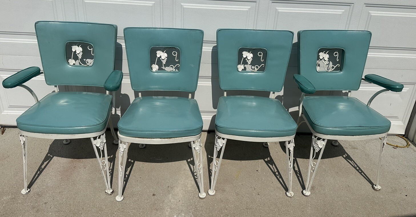 Vintage Set 4 Chairs Wrought Iron & Teal Vinyl Woodard Dining Or Patio CAN SHIP
