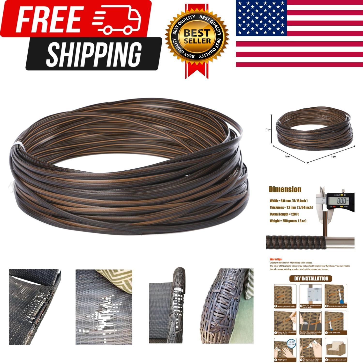 120 Ft Wicker Repair Kit, Plastic Wicker Repair Supplies, Gradient Dark Brown…