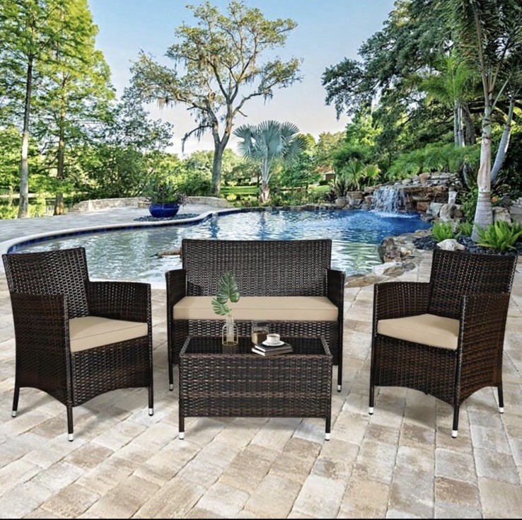 4PCS Patio Rattan ConversationFurniture Set Outdoor W/ Cushion