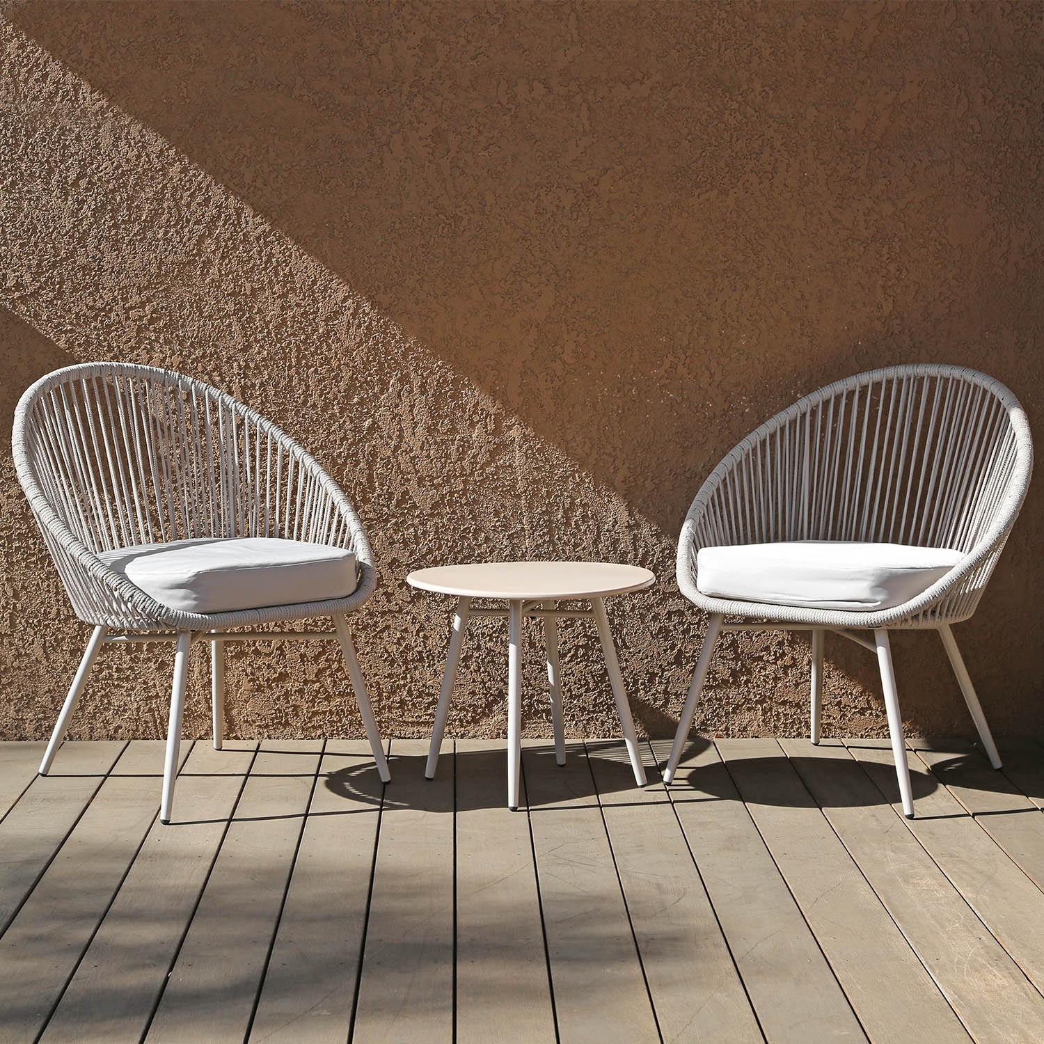 3-Piece Patio Table Bistro Set Grey Outdoor All Weather Woven Rope Cushion Chair