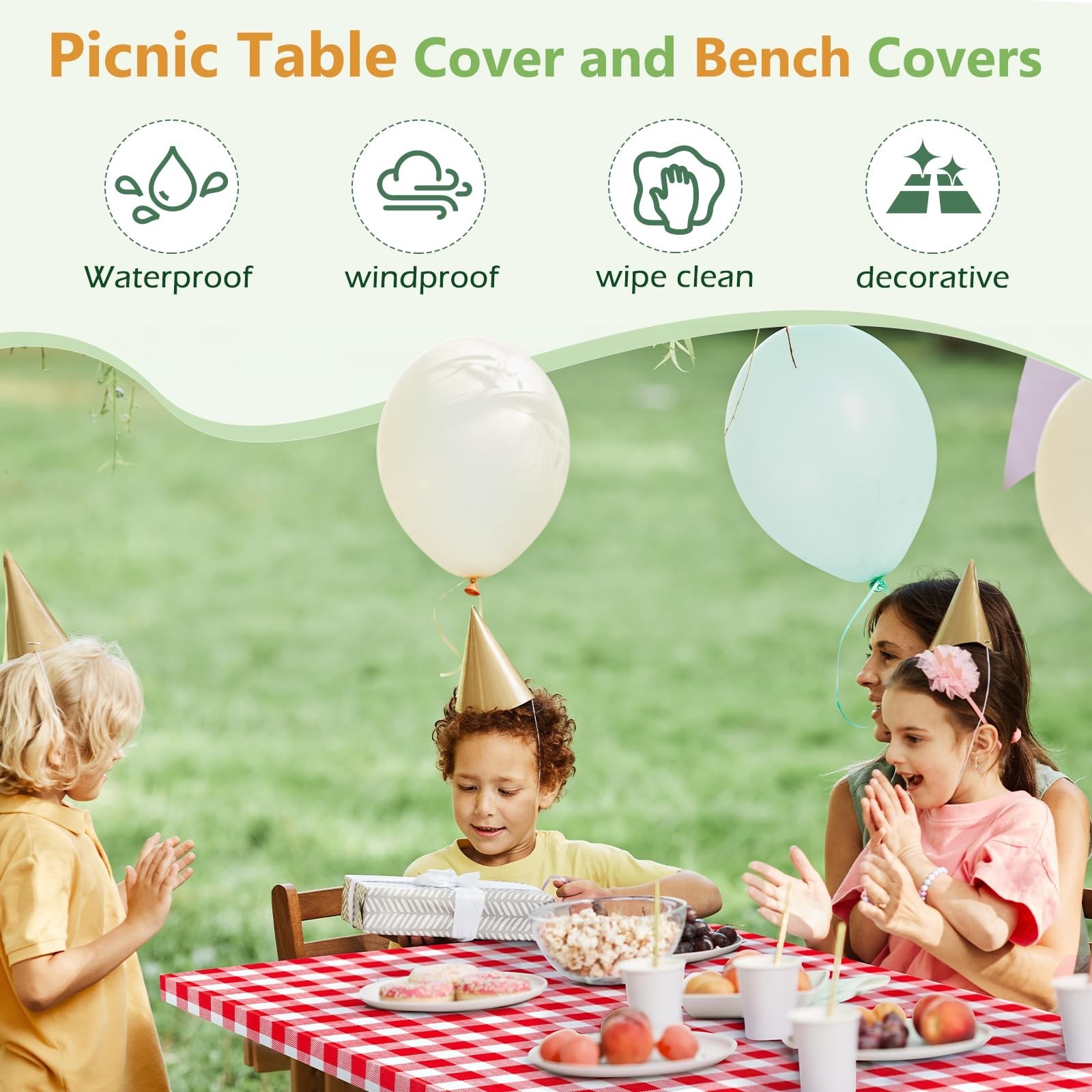 Outdoor Picnic Table Cover with Bench Covers & Storage Bag – Elastic Edges (Red)