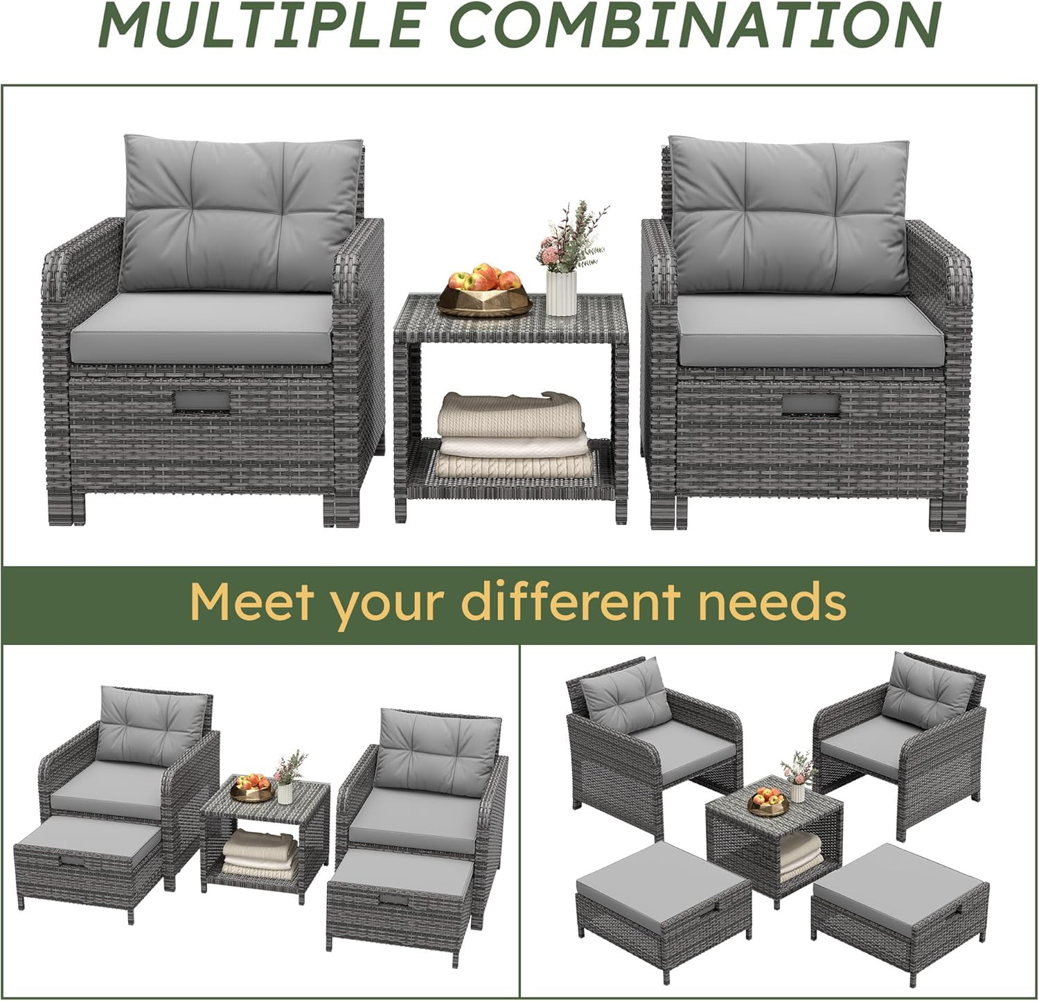 Lhbcraft Outdoor Furniture 5 Piece Patio Conversation Set, PE Rattan Patio Set w