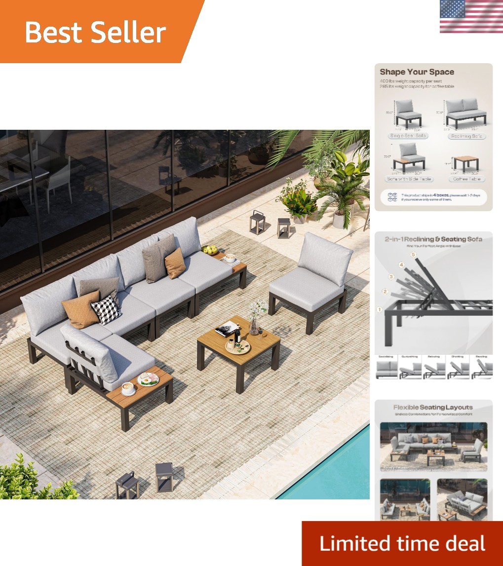 6-Seater Aluminum Modular Outdoor Sectional Sofa Set with Adjustable Backrest