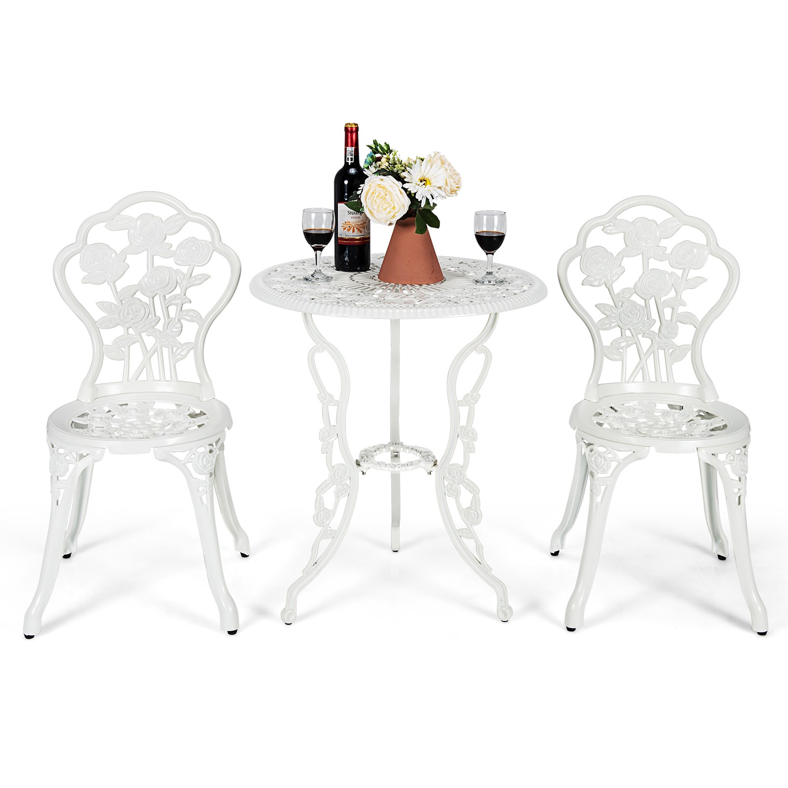 Patiojoy Outdoor 3PCS Cast Aluminum Patio Bistro Furniture Set Rose Design White