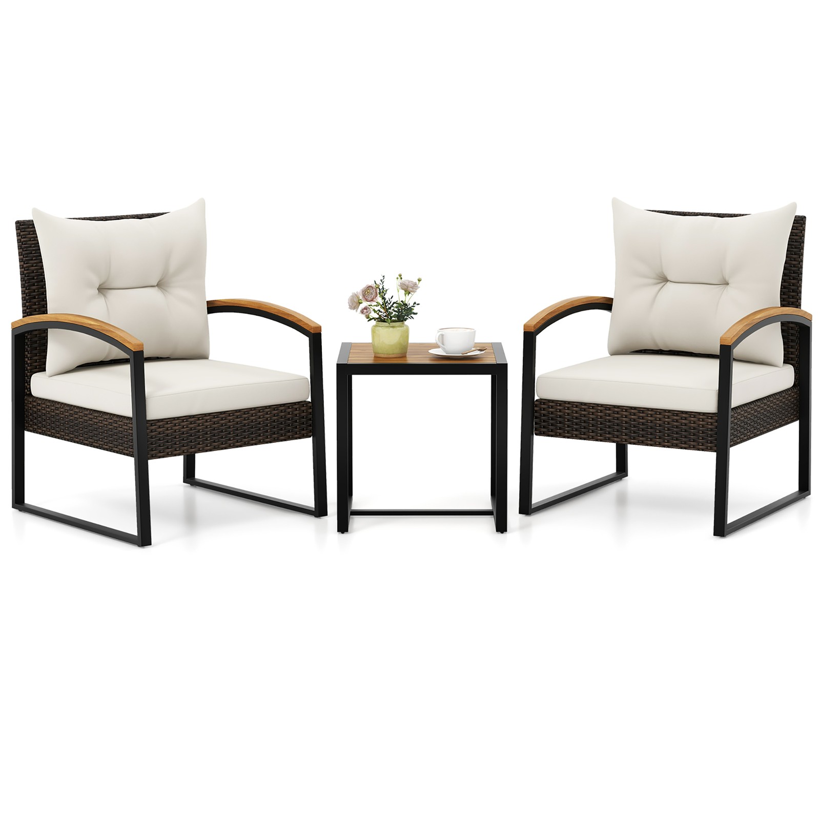 3PCS Patio Wicker Furniture Set PE Wicker Furniture Conversation Set w/ Acacia