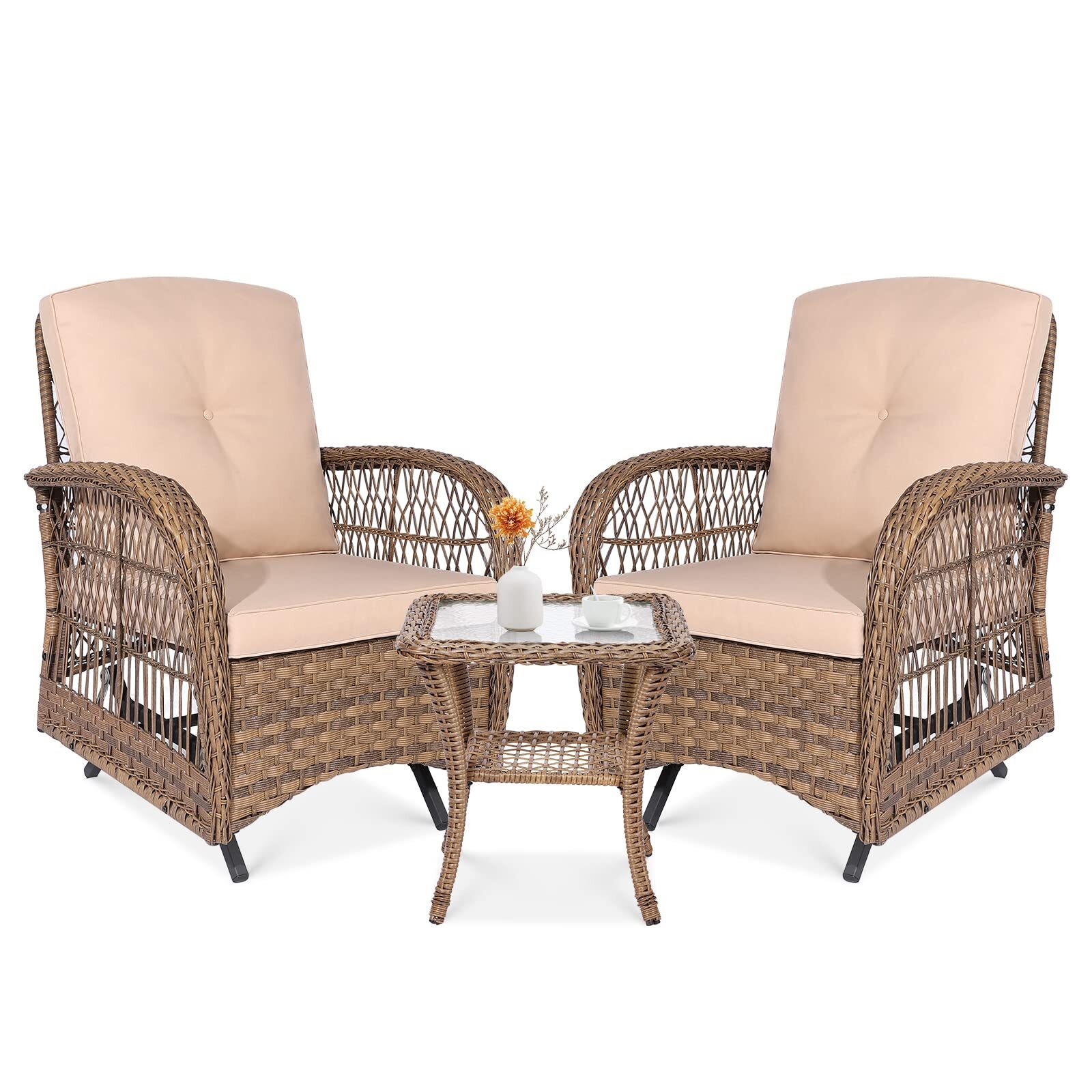 3-Piece Outdoor Conversation Bistro Set, Patio Glider Rocking Chairs Rattan Sets