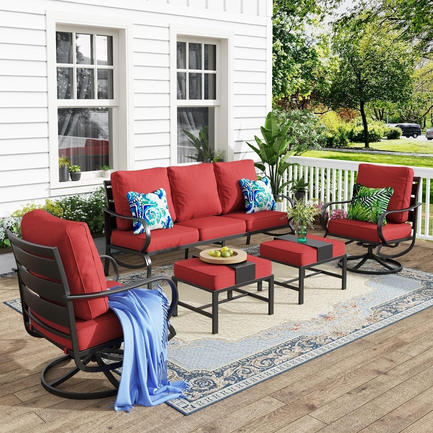 Patio Conversation Sofa Sets Outdoor Furniture Set with Swivel Chair Ottoman Red