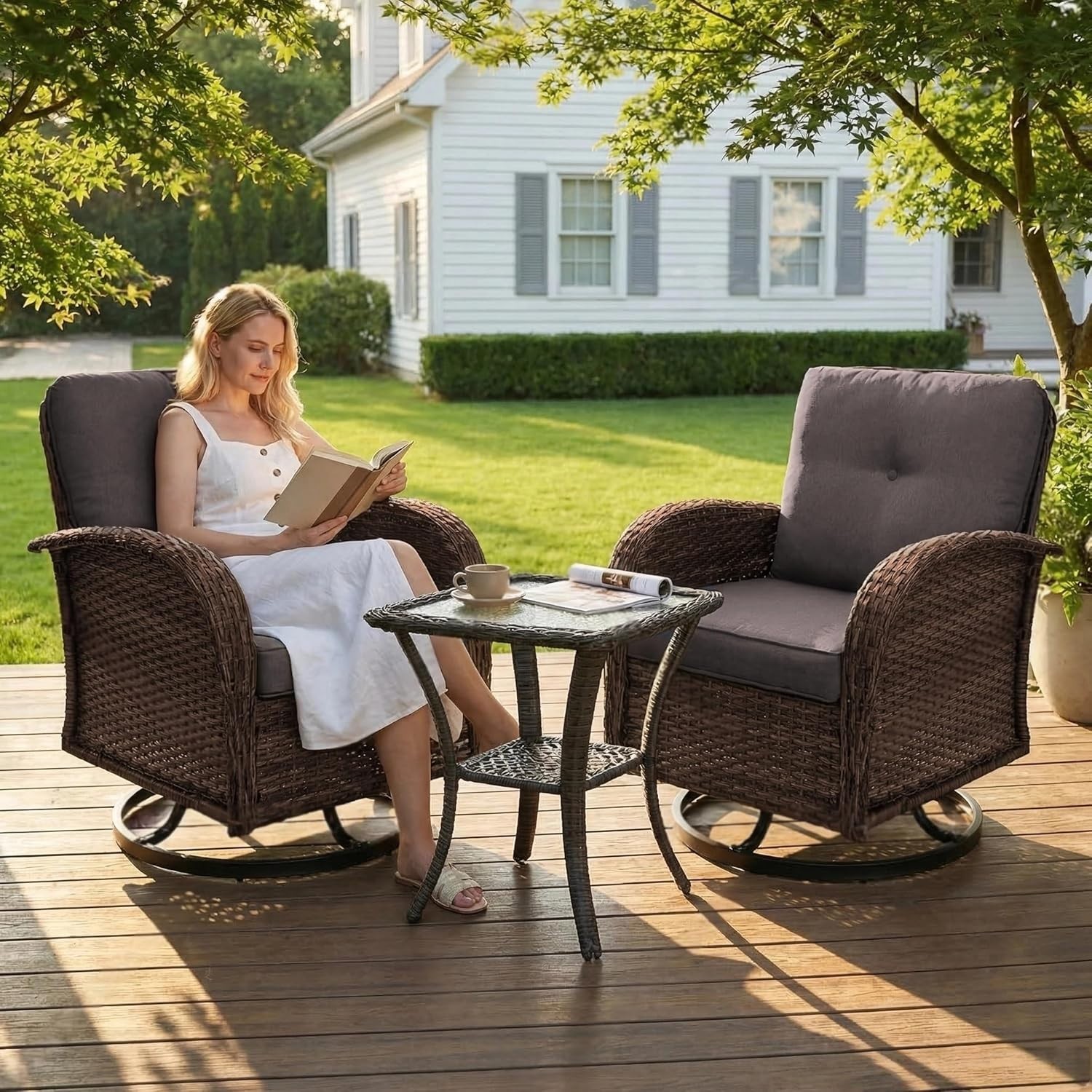 3 Piece Patio Furniture Set Outdoor Wicker Swivel Chairs Rattan w/Table