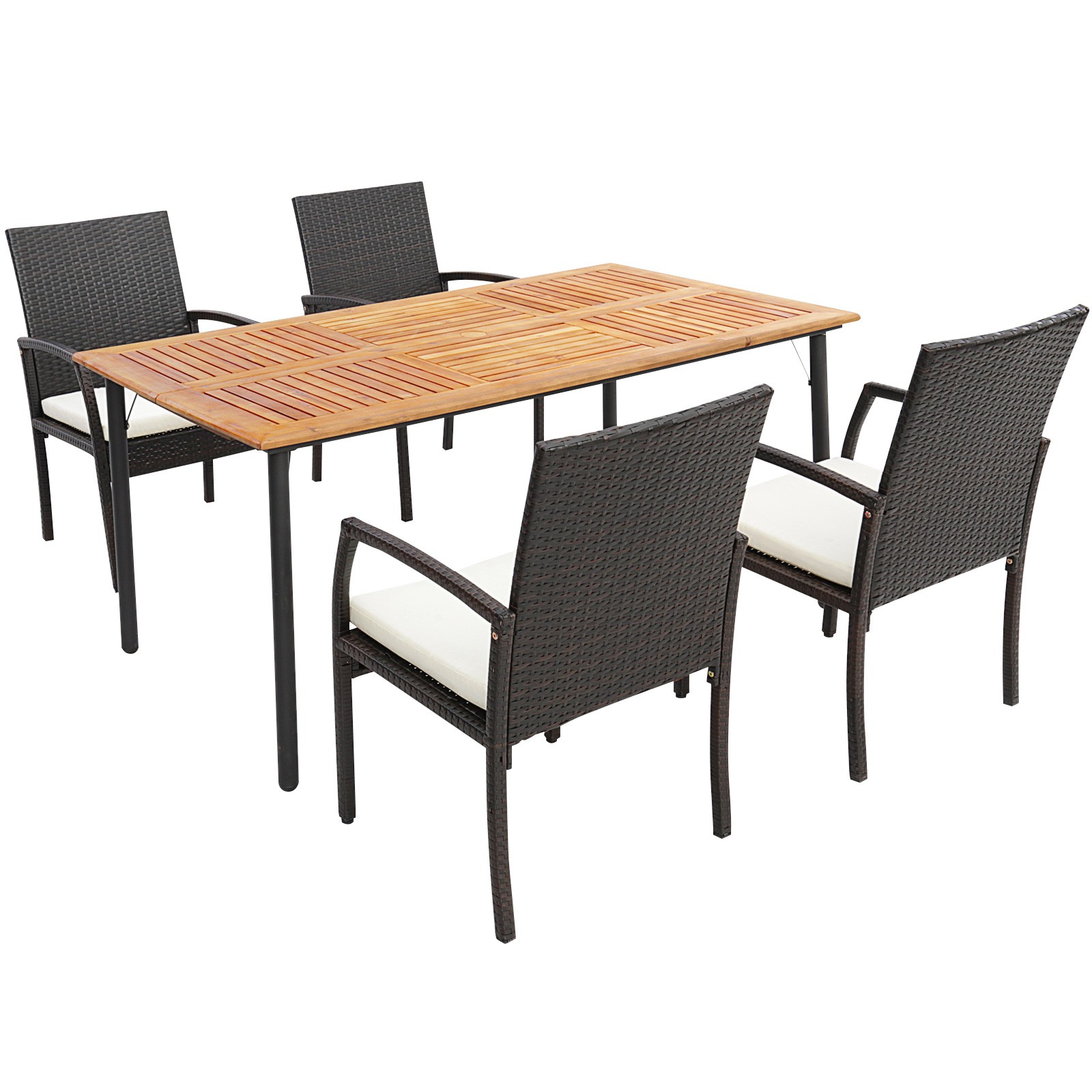 Patio 5PCS Wicker Dining Set Cushion Armchairs Acacia Wood Table Umbrella Hole