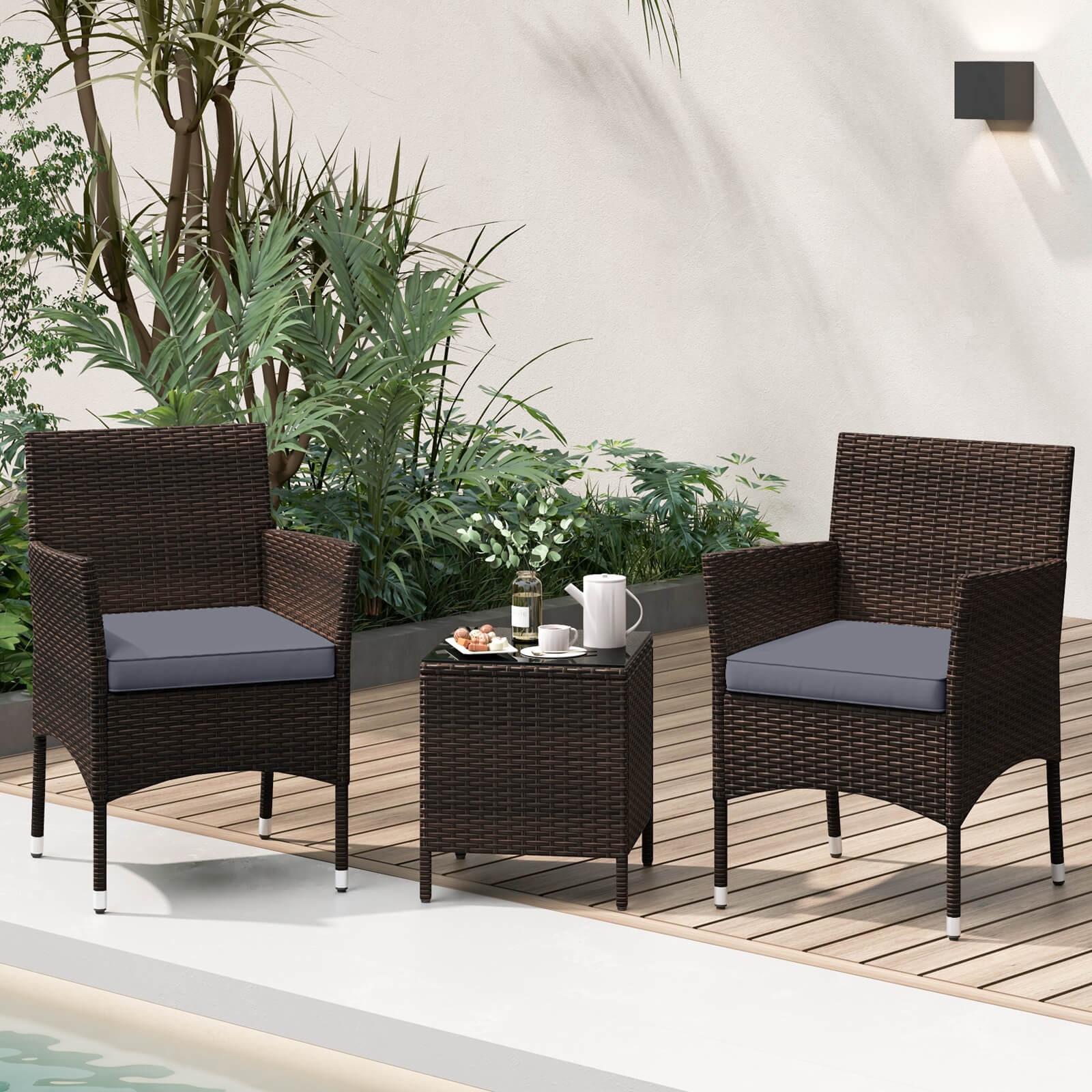3 PCS Outdoor Conversation Set w/ Cushioned Seat & Tempered Glass Tabletop